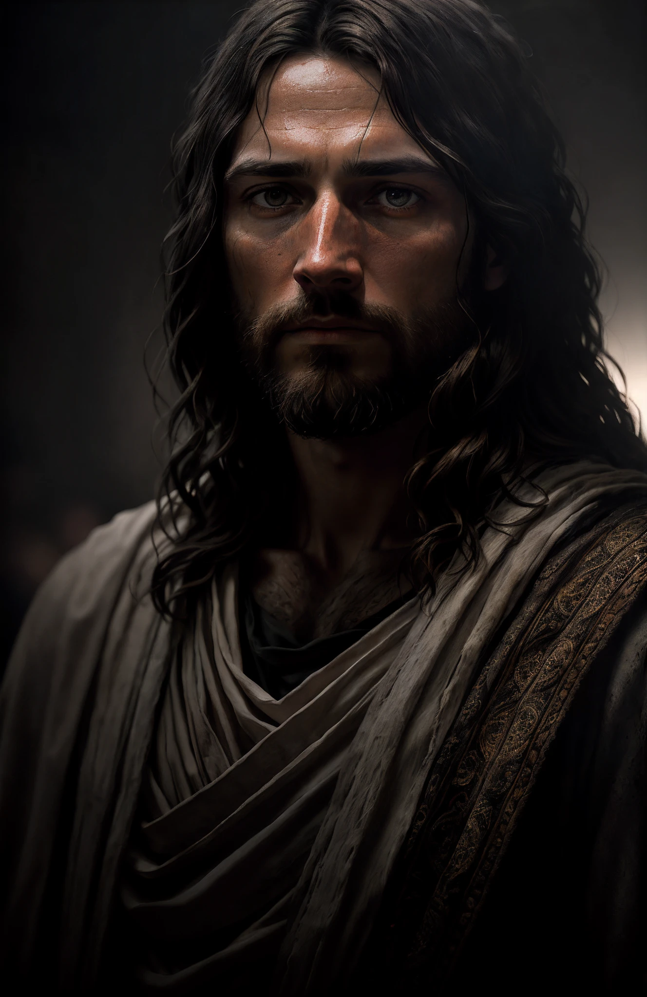 JESUS CHRIST DARK PHOTO: realistic epic, soft cinematic portrait, adobe lightroom, photographic lab, highly detailed, faded, (neutral colors: 1.2), (hdr: 1.4) , (soft colors:1.2), hyperdetailed, (artstation:1.4), cinematic, warm lights, dramatic light, (intricate details:1.1), complex background, (rutkowski:0.66), (blue and orange:0.4)