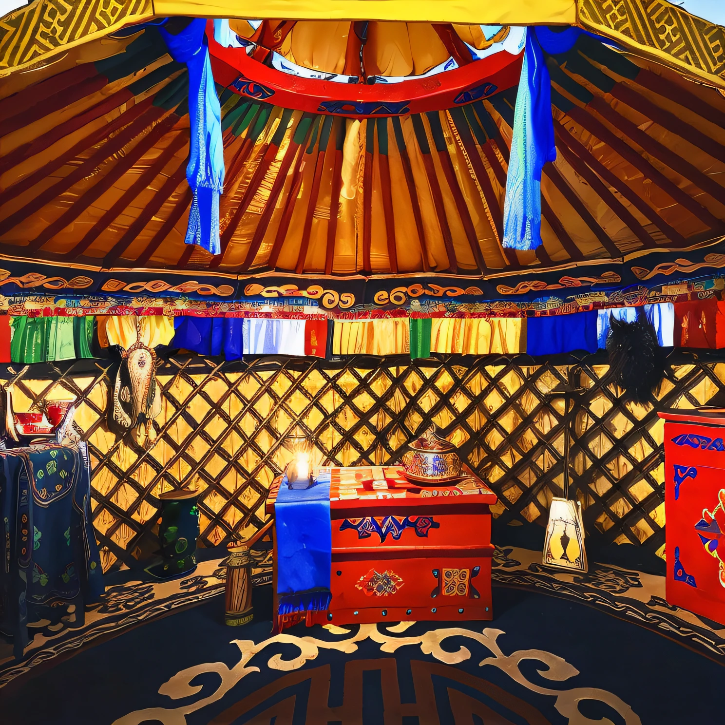 Tribal yurts, interior of a tent, Mongolian elements, Red table, Wooden trellis tents，high detail photo, author：Julia Pishtar, Shamanism, in a colorful tent, objection, Primitive small room, hyperedetailed photo, an unknown ethnographic object, tengri