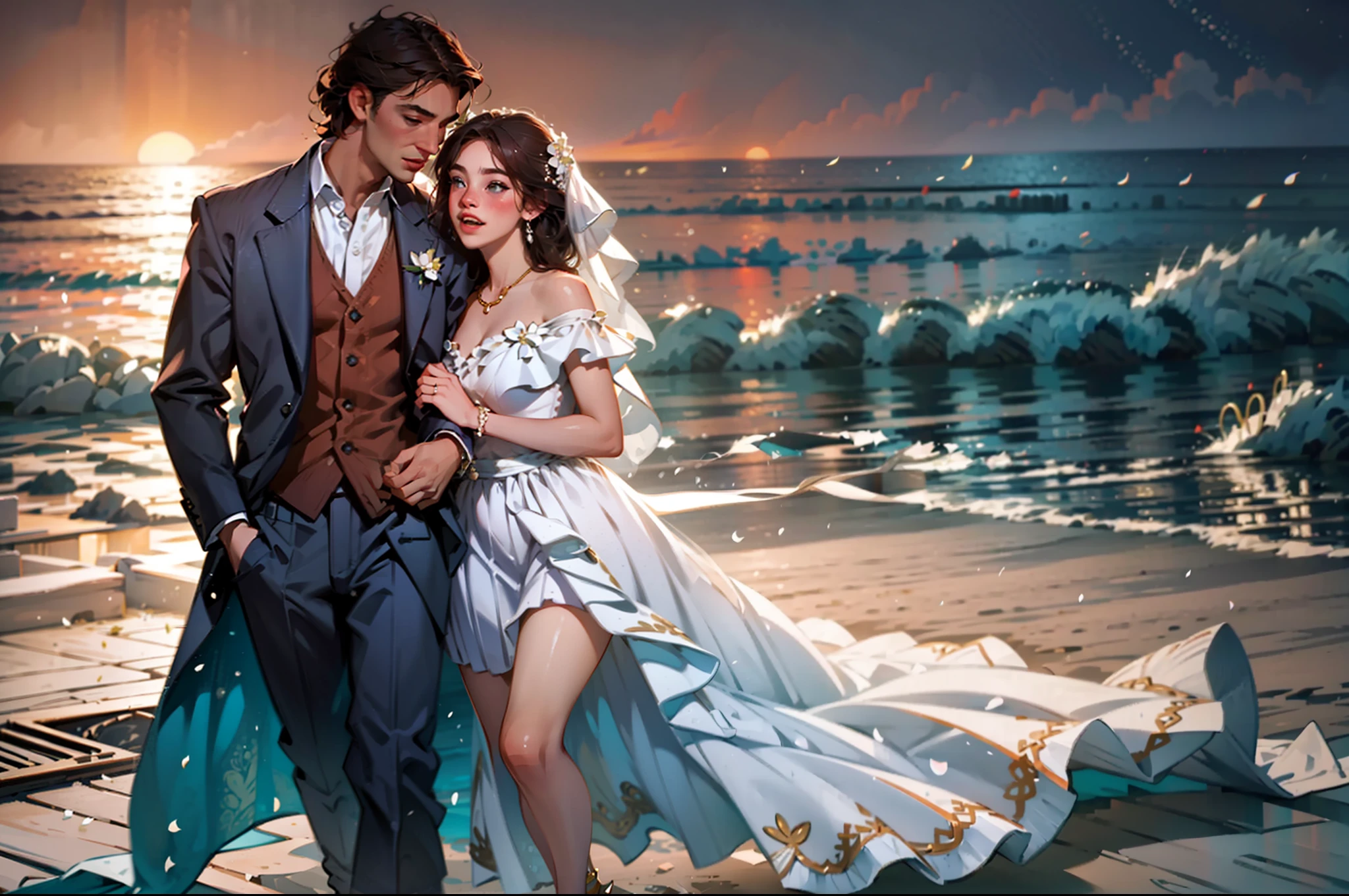 "Romantic wedding ceremony on a golden beach at sunset with a breathtaking view of the ocean, beautiful bride in a flowing white gown holding a bouquet of vibrant flowers, groom in a stylish suit, joyful celebration, elegant decorations, soft candlelight, heartwarming moments, love and happiness in the air."
