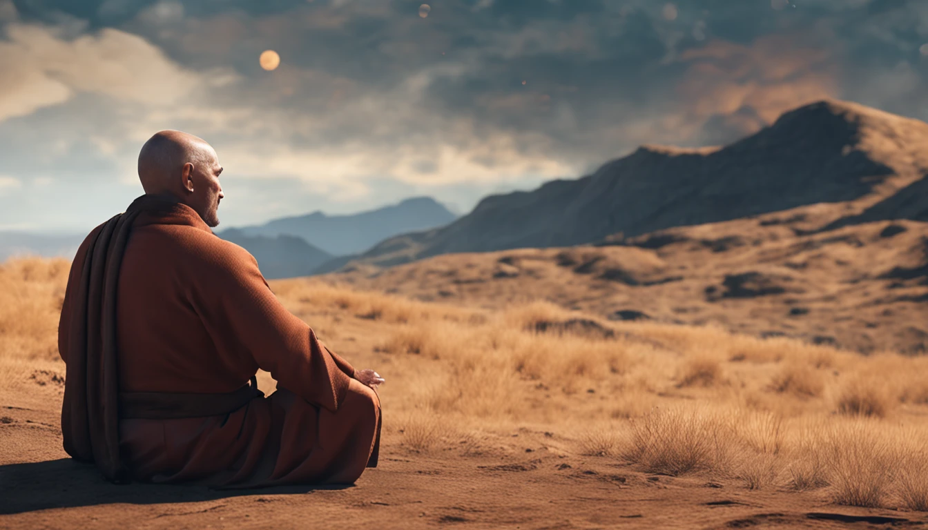 Mature monk sitting in meditation position, contemplando um horizonte lindo com o sol se pondo, Man is in deep connection with the divine, The landscape is ultra detailed, homem ultra realista, tudo bem detalhado e lindo, ultra qualidade. 8k de realismo