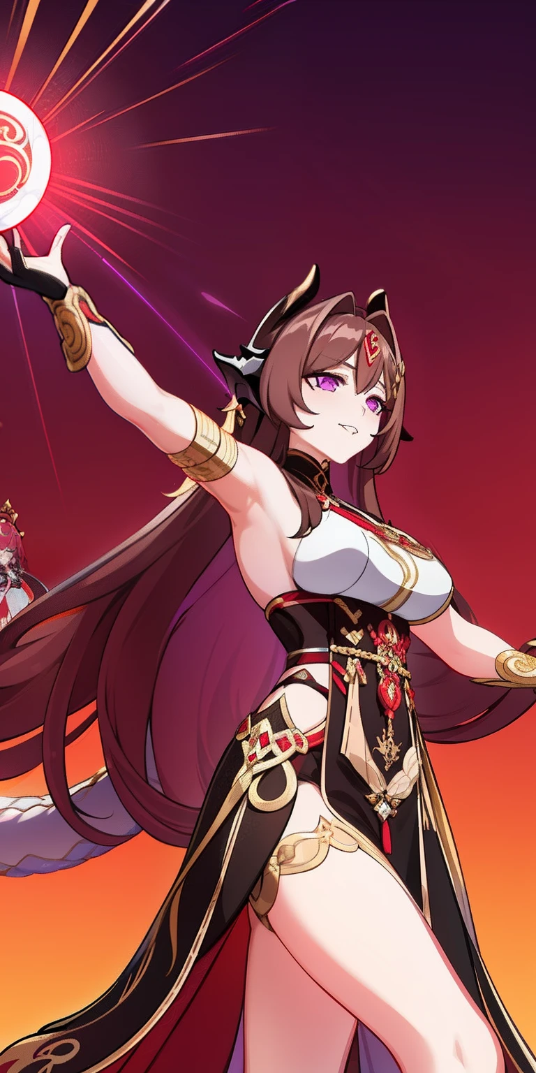 Woman, messy light brown long hair with a purple tint, dragon horns and tail, white and black Chinese dress with tight-fitting elements on her arms and legs, gold divine light, God's gaze, a sun circle, indifferent and cold gaze, light lipstick, light eyes