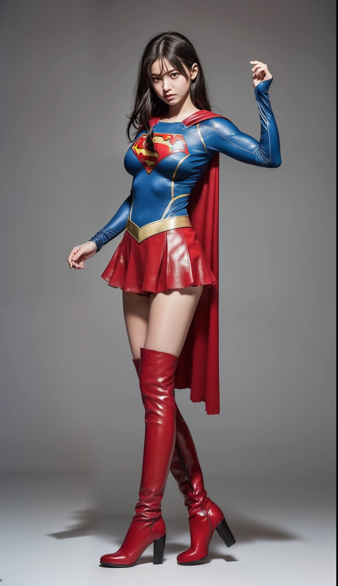 (((Make the most of the original image)))、(((Supergirl Costume)))、(((lustrous dark hair)))、(((Suffering)))、(((Feet should be worn with black tights)))、(((You must wear red boots)))、((Top image quality、8K))、((top-quality、8K、​masterpiece:1.3))、Crisp focus:1.2、Beautiful woman with perfect body shape:1.4、Slender Abs:1.2、((layers-Cut、large boob:1.2))、a wet body:1.5、Highly detailed facial and skin texture、