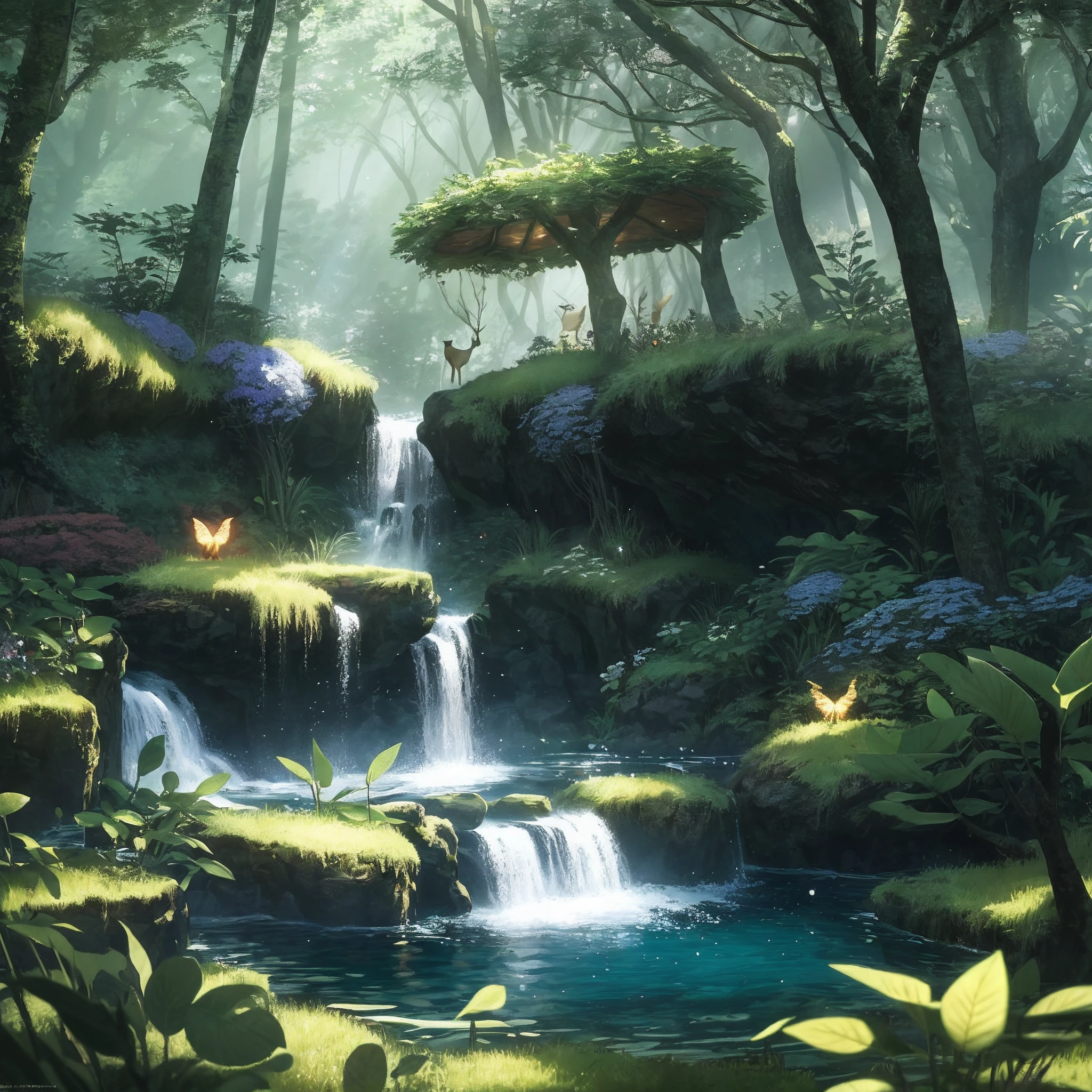 masterpiece,best qualtiy,Ultra detailed CG unified 8K wallpaper,The most beautiful illustration,best shadow,Brilliant Elf(the elf),Glowing deer in the pool,Natural elements of forest theme,Mysterious and beautiful forest,Brilliant flowers,Fireflies surround delicate leaves and branches(nature elements),Jungle theme,foliage,tree branch,glowworm,3D particle effects,Octane rendering,Ray traching,Super refined。