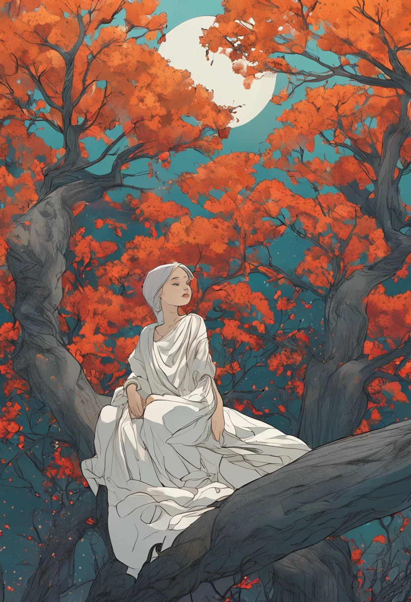 On a night with a meteor shower, a girl with long hair and a shawl in a white dress sits on the branches of a tall tree, looking into the distance, and the tree grows on a small hillside, and the leaves are made of colorful cranes