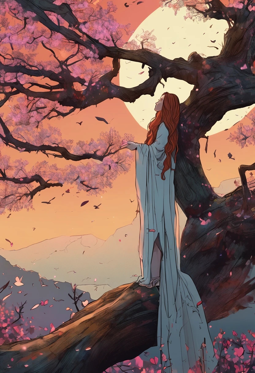 On a night with a meteor shower, a girl with long hair and a shawl in a white dress sits on the branches of a tall tree, looking into the distance, and the tree grows on a small hillside, and the leaves are made of colorful cranes