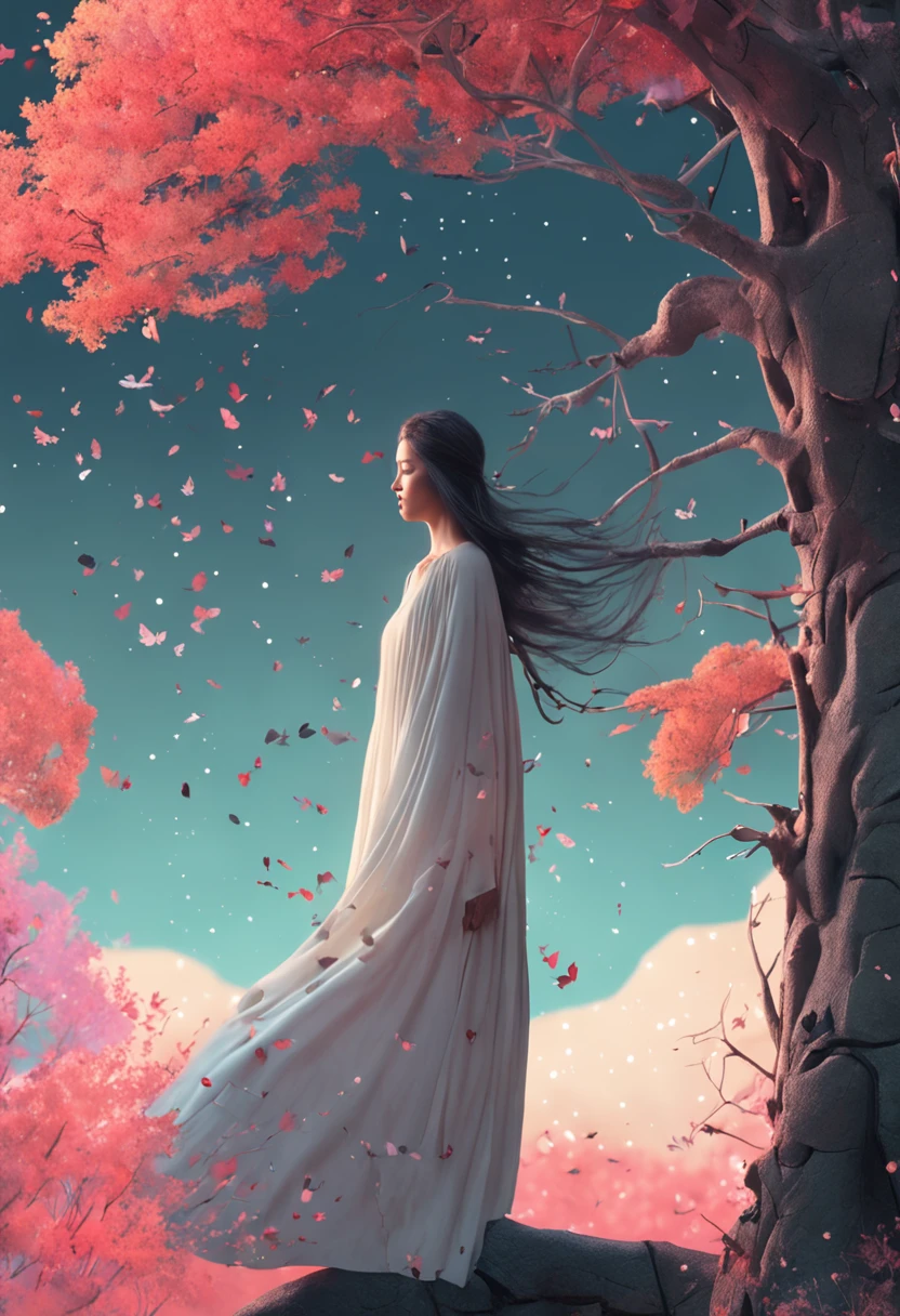 On a night with a meteor shower, a little girl with long hair and a shawl in a white dress sits on the branches of a tall tree, looking into the distance, and the tree grows on a small hillside, and the leaves are made of colorful cranes