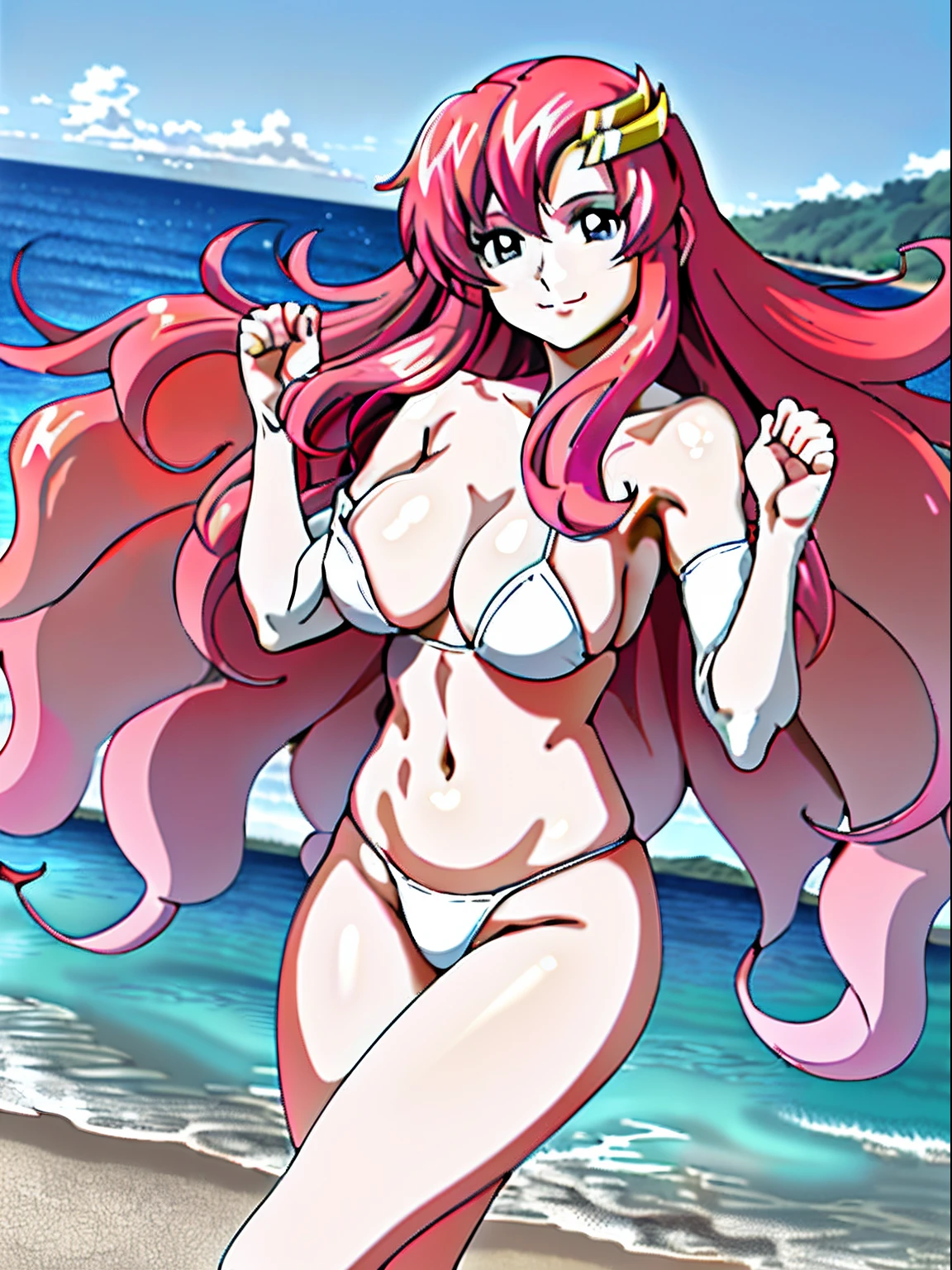 (masutepiece, 4K, Best Quality, Anime style: 1.9, (Solo), High color saturation, ultra Detailed face, tall, Adult Woman, lovely, (detailed beach background), high resolution, Anime, lacus4. (White micro bikini top, micro thong), 1girl in, Solo, Long hair, 鎖骨, scapular, Wavy Hair, Detailed wide hair bangs, Hair Ornament, ultra Detailed reddish-pink hair, cleavage, closed fists, large hands, white fingerless gloves, Big blue eyes, Off-shoulder, (white elbow pad), (small breasts), Smile, closed mouth, slender, shy, happy, stomach, navel, (closed fists), white skin