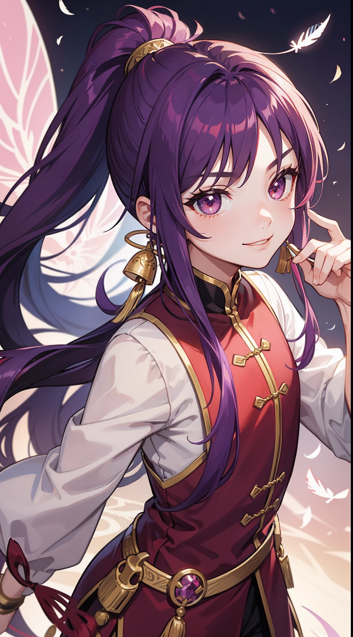 young boy, long purple hair, high ponytail, red-eyes, Chinese purple short-sleeved shirt, Via Hanifa, smirk, Feather Fan, Masterpiece, hiquality
