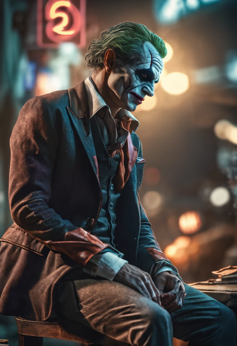 A Joker\(Joker 2019\) ,epic, realistic, faded, neutral colors, ((((hdr)))), ((((muted colors)))), intricate scene, artstation, hyperdetailed, cinematic shot, warm lights, dramatic light, intricate details, vignette, complex background, [[teal and orange]], slate gray atmosphere
