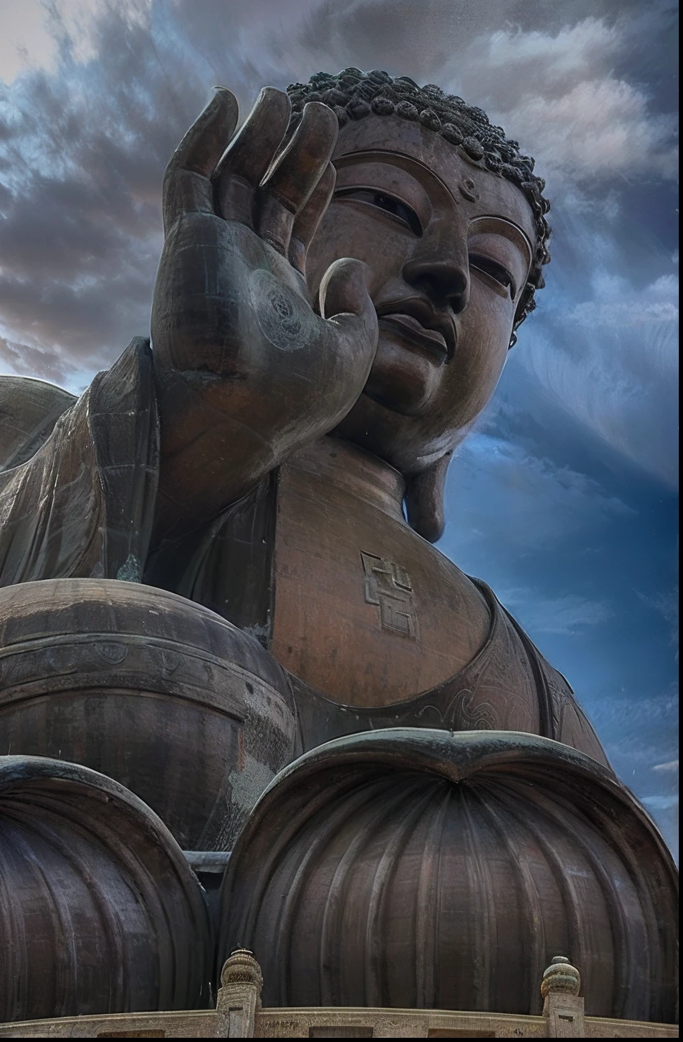 arafed view of a large statue of a person with a hand up, the buddha, buddha, buddhism, hdr detail, by Joze Ciuha, by Jason Felix, by Matt Stewart, seen from below, by Shen Quan, buddhist architecture, 2 0 2 2 photo, by Jan Rustem, by Reuben Tam, by Shen Che-Tsai