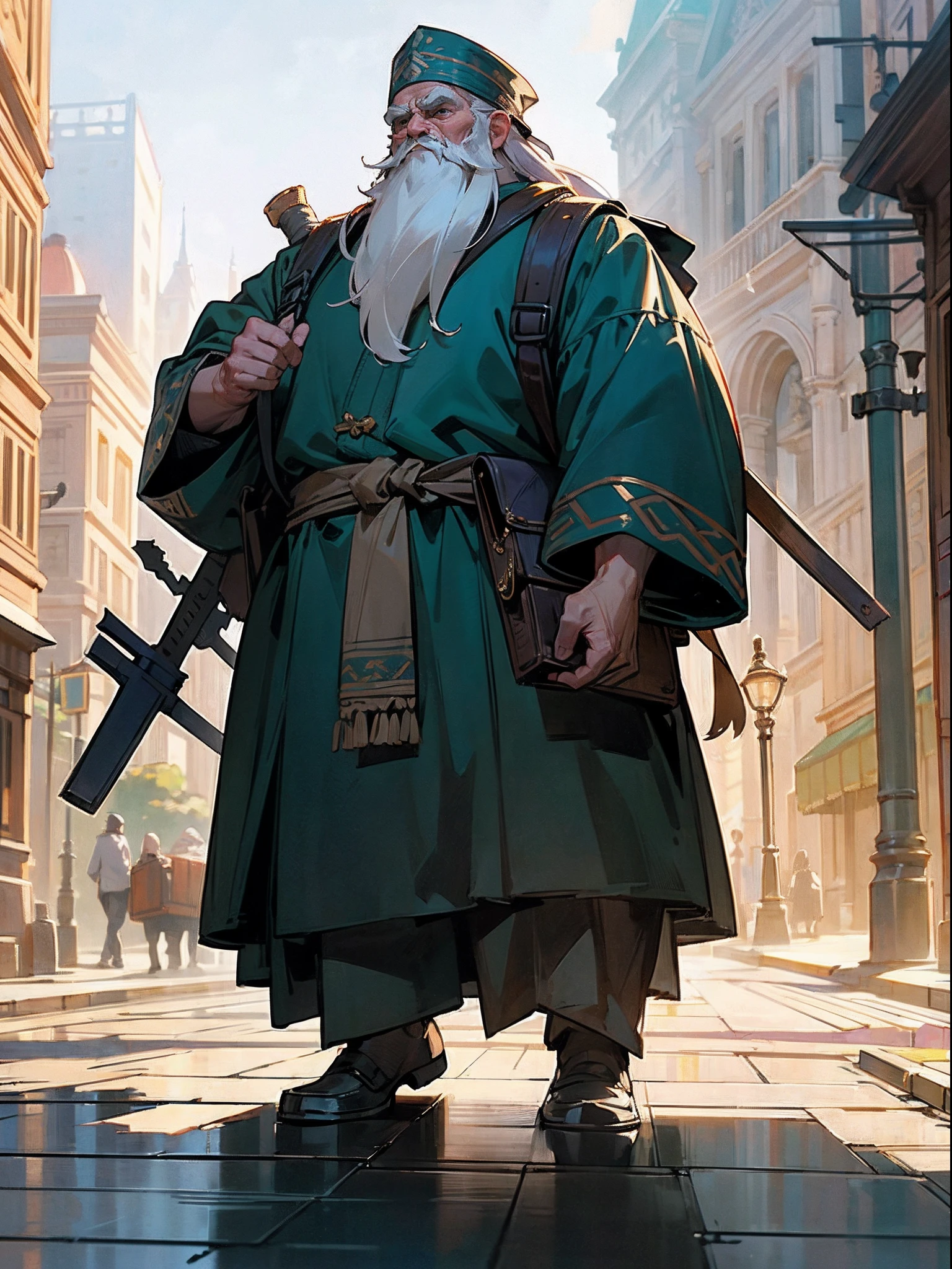 (Exquisite detailed CG Unity 8k wallpaper、Masterpiece quality with stunning realism)、(The best lighting、Best Shadows)、(top-quality:1.3)、magnificent artwork、Unparalleled quality、超A high resolution、Perfect anatomical features。Use cinematic lighting to illuminate the scene、strong con, Bearded dwarf merchant with both full and long beards、Itinerant Trader、Carrying a large amount of luggage on your back、Huge backpack, the city street, Old man with short legs, bazaar, The back is full of weapons and tools