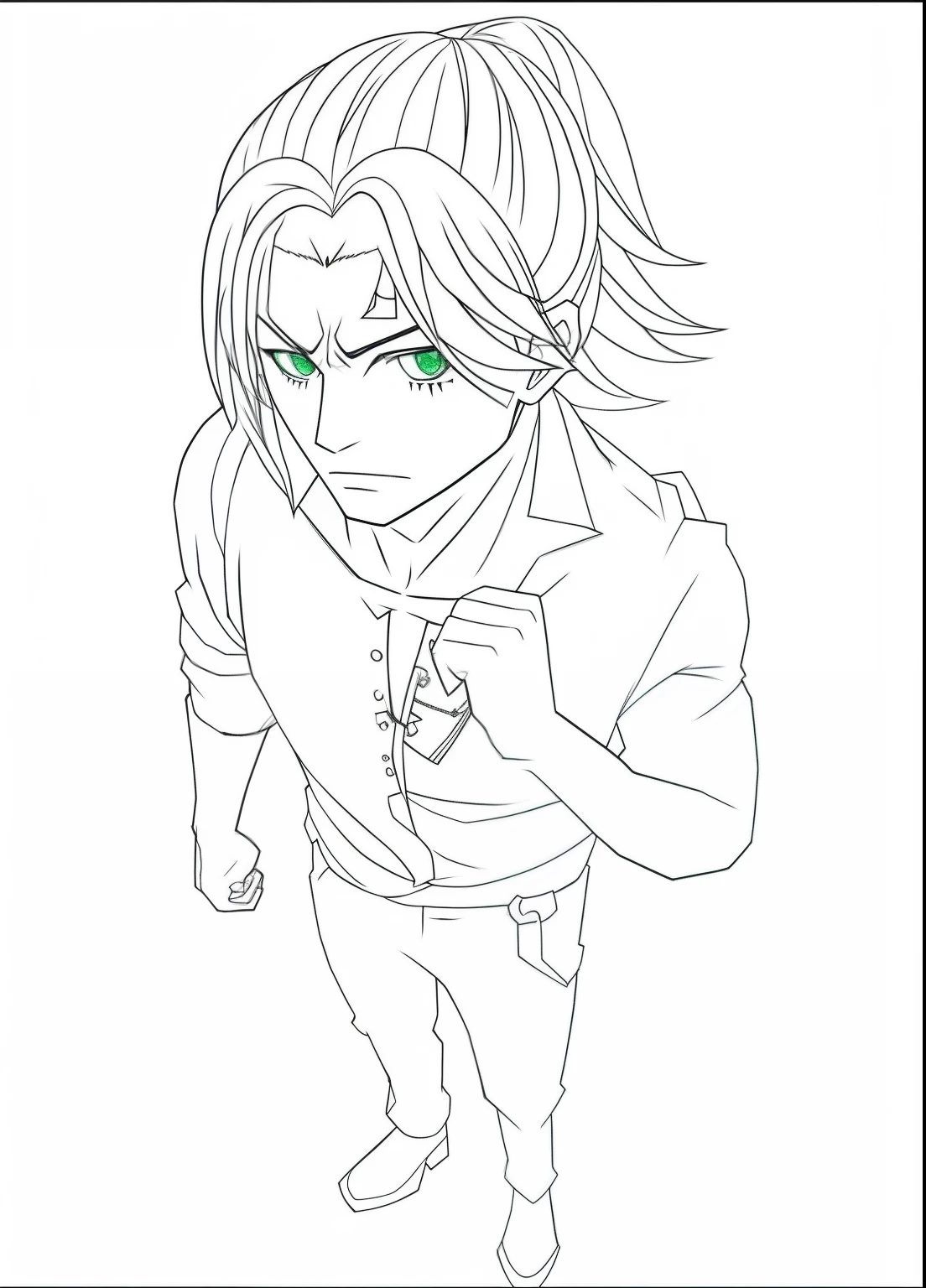 full body man character, hair up, scar on the eye, long straight hair, green eyes.