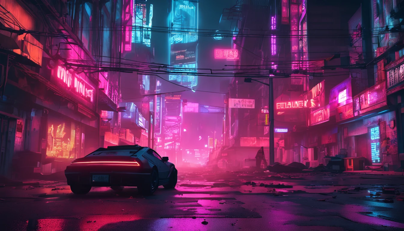 "Neon-lit cyberpunk street, futuristic city street, Dystopian artwork in the dark,Huge signboard , 4k wallpaper.Evoking a sullen and desolate future."
