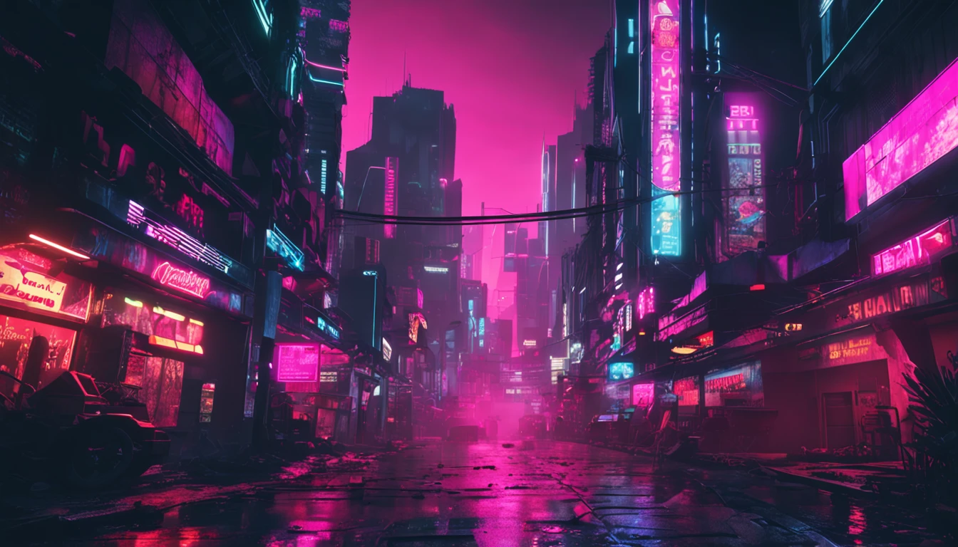 "Neon-lit cyberpunk street, futuristic city street, Dystopian artwork in the dark,Huge signboard , 4k wallpaper.Evoking a sullen and desolate future."