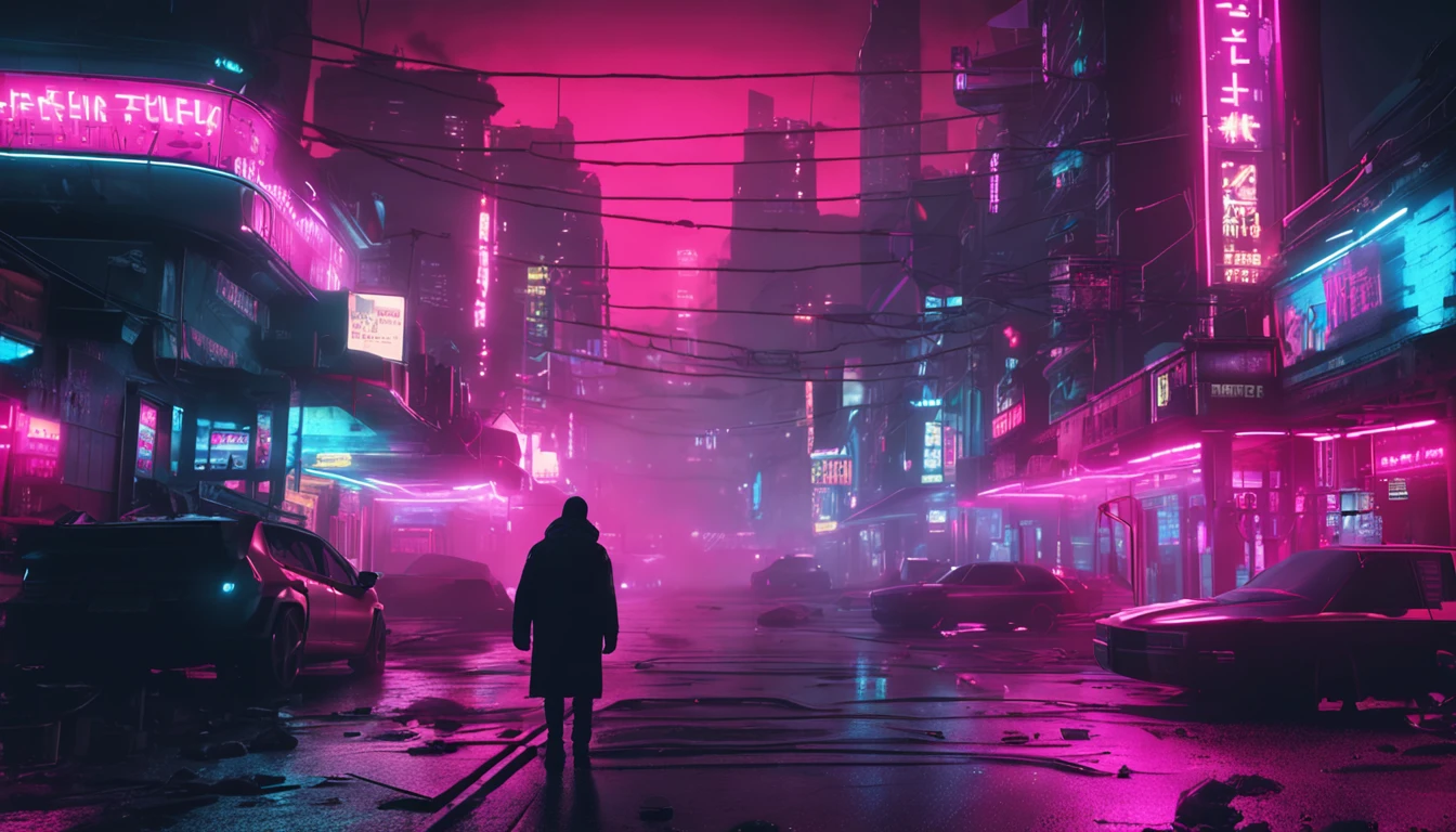 "Neon-lit cyberpunk street, futuristic city street, Dystopian artwork in the dark,Huge signboard , 4k wallpaper.Evoking a sullen and desolate future."