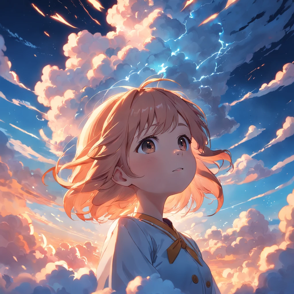 masterpiece, best quality, movie still, 1girl, cloud girl, floating in the sky, close-up, bright, happy, warm soft lighting, sunset, (sparks:0.7)