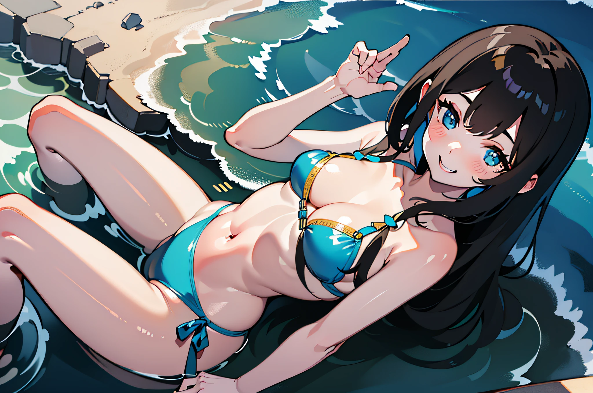 (in 8K、top-quality、​masterpiece:1.2)、1人の女性、(Smiling smile:1.1)、beautidful eyes、Valley、The upper part of the body、length hair、Like a boy、poneyTail、Blue View、