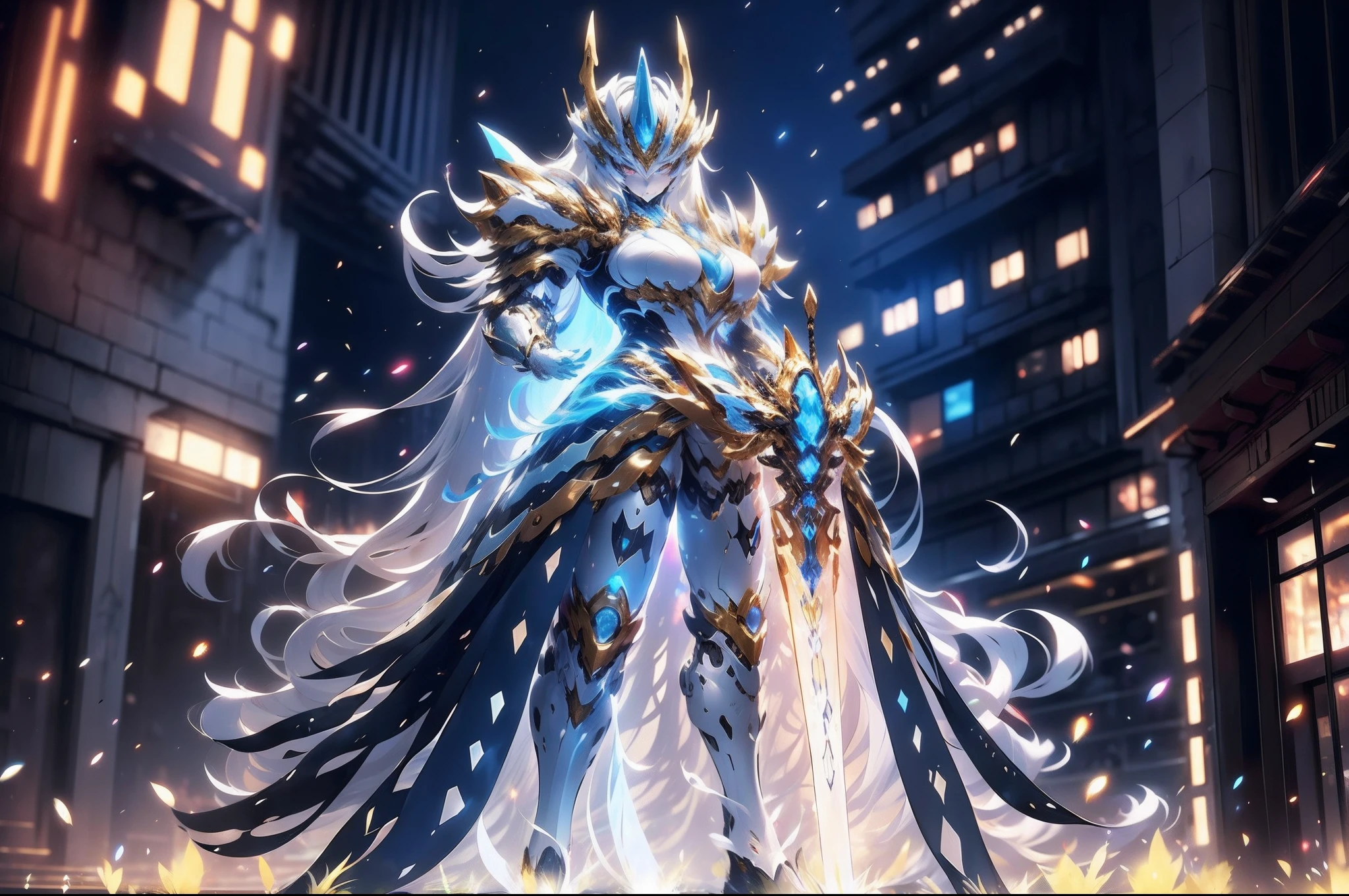 （super wide shot, Full body frontal photo）, Mecha warrior style,《Primary color: White and blue mechs》，（Mecha warrior girl，Yellow metal armor，）,  offcial art, 统一 8k 壁纸, ultra - detailed, Beautiful and aesthetic, big breasts beautiful, tmasterpiece, Best quality at best, primitive，tmasterpiece，ultra fine photos，，best qualtiy，超高分辨率，Photoreality，rays of sunshine，full-body portraits，stunningly beautiful，，dynamicposes，delicated face，Vibrant eyes，She wears a futuristic mech，（Beautiful detail background），detailed face with，opulent，milkyW，Highly detailed skin，Realistic details of skin，Visible Pore，tack sharp focus，volume fog，8K  UHD，digital SLR camera，high qulity，filmgrain，White skin of the，photo-realism，DL，Huge metropolis in a dystopia of the future , look from down, semi transparent