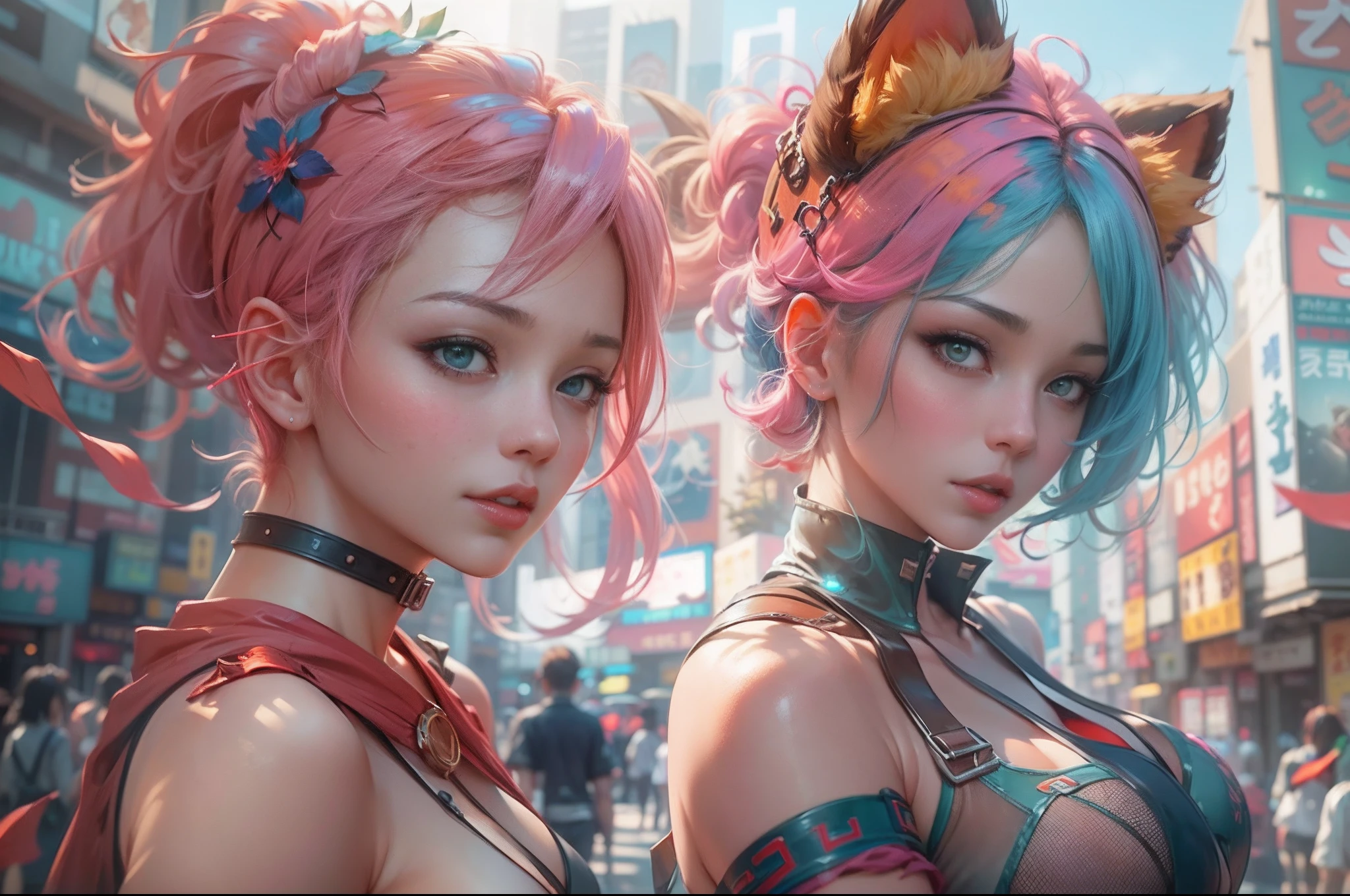 anime - style image of two women with pink and blue hair dressed in red and blue corset, posing in Akihabara for a foto shooting, Captured from worm's eye view, 4 meters distance to viewer, wlop and sakimichan, attractive cat girl, artwork in the style of guweiz, fantasy art style, 2. 5 d cgi anime fantasy artwork, fanart best artstation, by Yang J, trending on cgstation, wlop and ross tran, guweiz