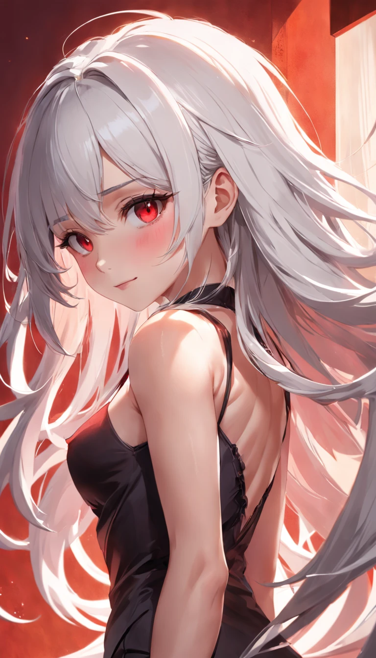 ((((Obra maestra, La mejor calidad, ultrahigh resolution)))), 1girl, standing,), ((long pure silver hair, hair over eye)), long hair cut, shiny skin, ((red eyes)), glowing_eyes, neon eyes, (ultra detailed eyes:0.7, beautiful and detailed face, detailed eyes:0.9), ((centered)), smirk, facing viewer, ((vibrant background, dark lighting, summer, sunlight)), large chested, looking at viewer, ((half closed eyes)), ((perfect hands)), (((head:1, arms, hips in view, elbows, in view))), ((hands behind back)), empty eyes, beautiful lighting, ((outside, outdoors)), defined subject, head tilt, (((gritty)), ((creepy)), ((cool)), ((beautiful)), (((SFW))), hair ornament, petals in the air, moon in the sky, city, mature woman, adult woman, sfw, red and white dress, night dress, she is a princess,
