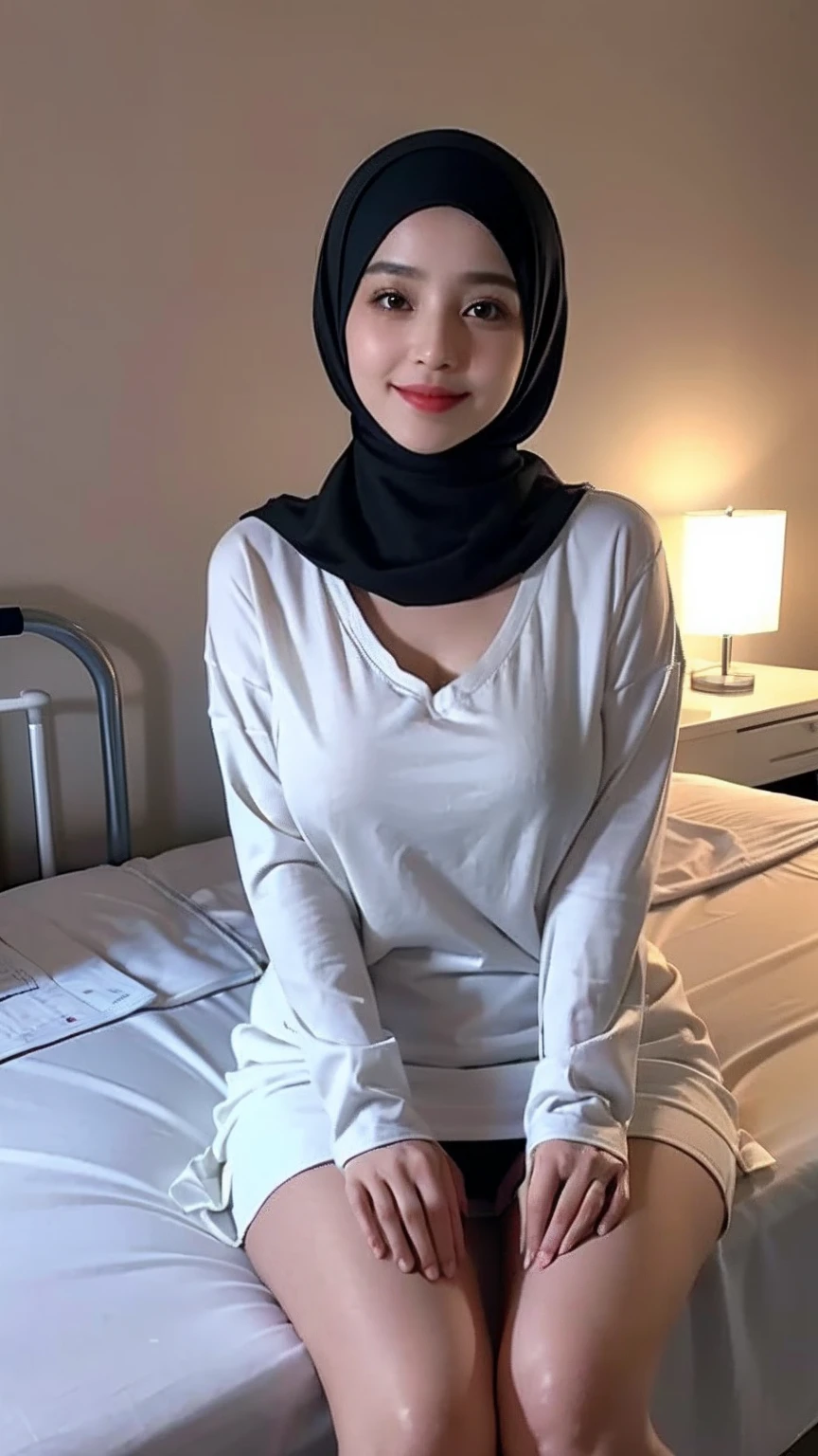 A hijab woman lies on a hospital room,Looks weak。On the table next to the hospital bed was a letter and a credit card, showing super big breast,(P cup),long hijab,sexy body,breast looming out clothes,gently smiling,full body, t-shirt and miniskirt outfit