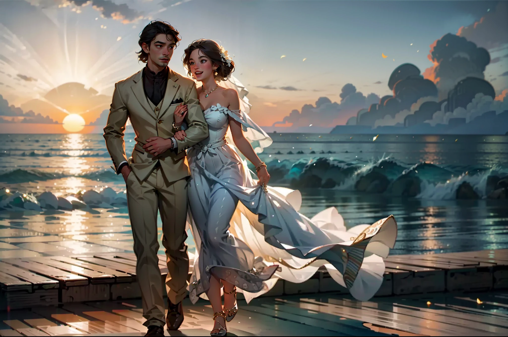 "Romantic wedding ceremony on a golden beach at sunset with a breathtaking view of the ocean, beautiful bride in a flowing white gown holding a bouquet of vibrant flowers, groom in a stylish suit, joyful celebration, elegant decorations, soft candlelight, heartwarming moments, love and happiness in the air."