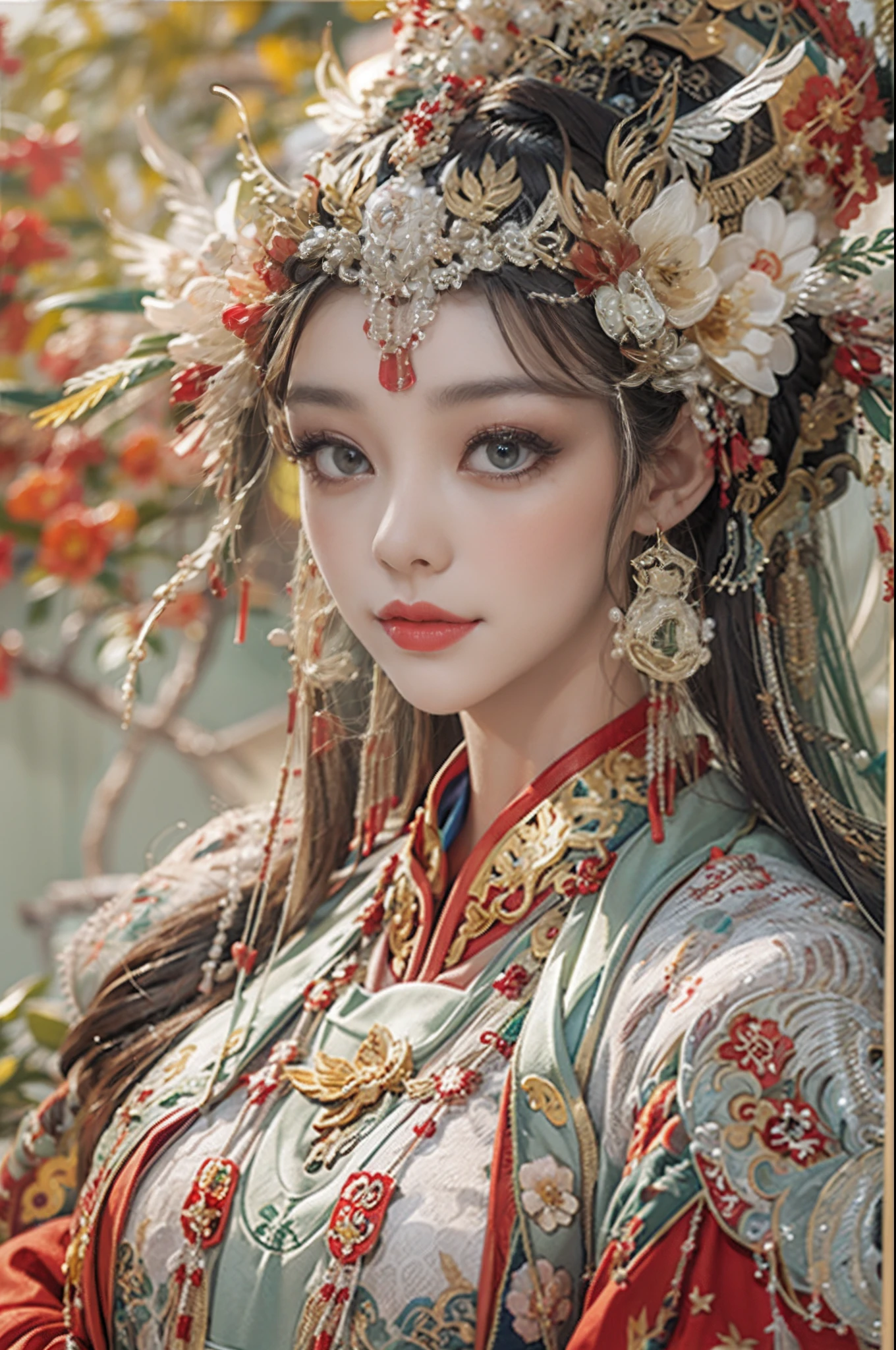 Palace,The princess got married,Hanfu bride,Golden Phoenix Crown,(Pearl cloud shoulder),Pearl tassels,Red and green hanfu,Solemn,(orthofacial),A beautyful girl,Beautiful facial features,Smooth and delicate skin,skin detailed,Eyelash detailing,She has bright eyes,She wears a phoenix crown on her head,Wearing red and green Chinese clothing,k hd,higher details, picture quality,(((Do not show your hands)))