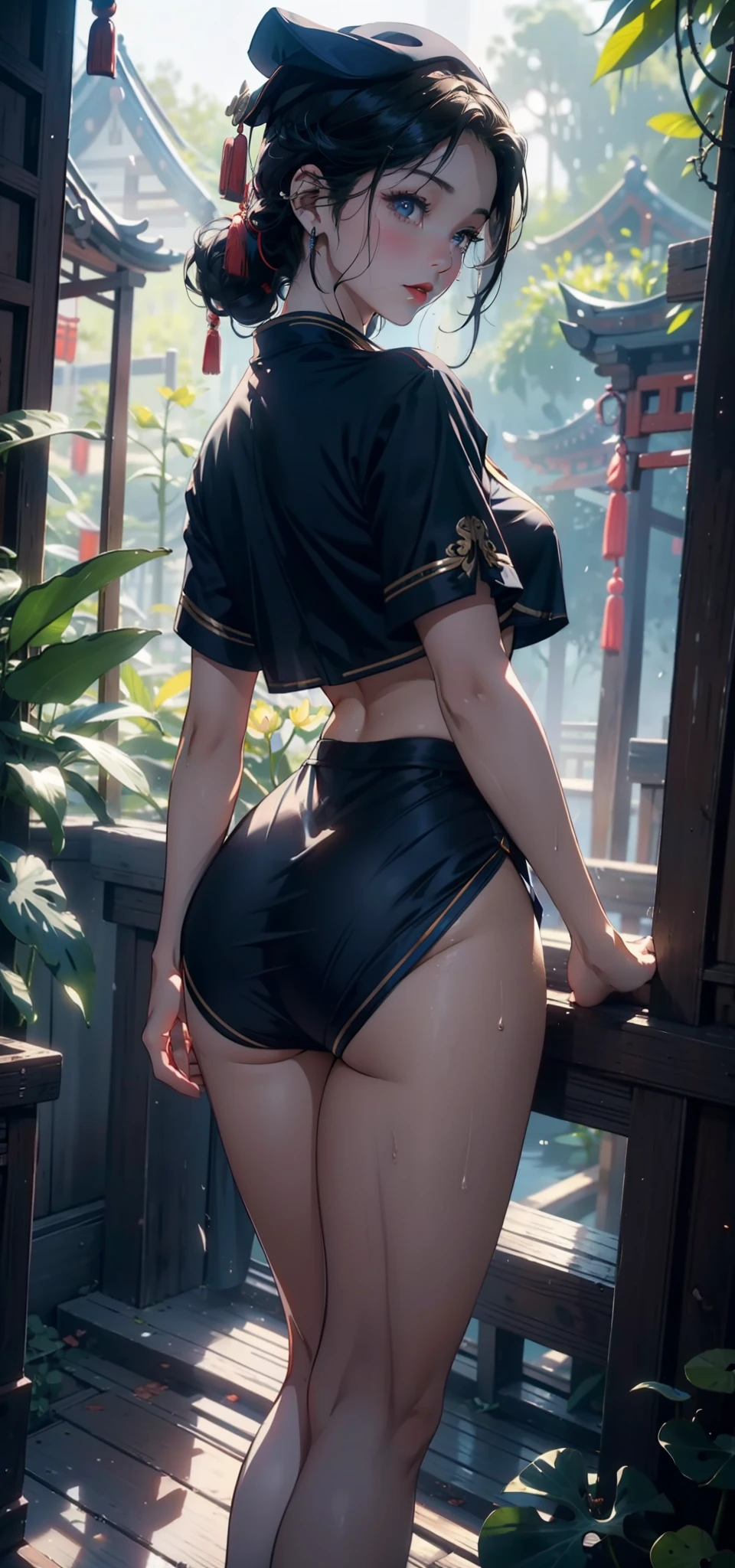 1female,35yo,熟妇,long leges,Big breasts Thin waist,Slim,huge-breasted ,Pornographic exposure, 独奏,(Background with:bamboo forrest,lotuses,lotus flower,exteriors,Lotus pond) She has short black hair,standing on your feet,Sweat profusely,drenched all over the body,seen from the front, hair straight, mostly cloudy sky,(((tmasterpiece),(Very detailed CG unity 8K wallpaper),best qualtiy,cinmatic lighting,detailed back ground,beatiful detailed eyes,Bright pupils,Black eyes,Redlip(Very fine and beautiful),(Beautiful and detailed eye description),ultra - detailed,tmasterpiece,)),facing at camera,A high resolution,ultra - detailed),revealing breasts,Bare genitalia, Bulge,legs are open,Raised sexy,Camel toes,Flushed complexion,Open-mouthed,frontage,high school senior,Sailor's cap(Wearing:Chinese Ancient Times,Blue sailor uniform,athletic sneakers,Bare breasts,)