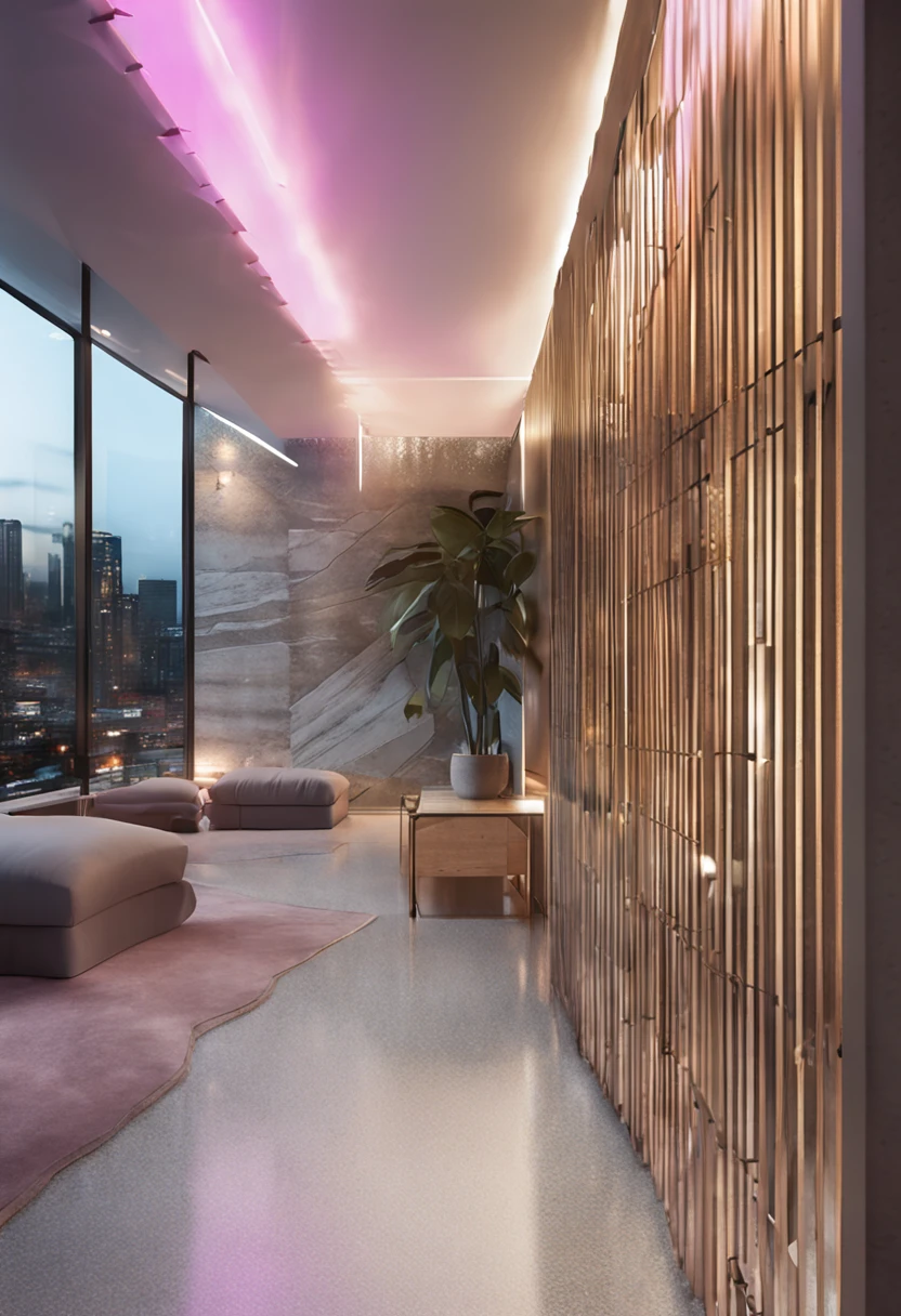 shadowing, HighDynamicRange,Dynamic lighting, Fotorrealista, Natural soft light, Low H, tmasterpiece, Detailed 8K,Lots of detail,Oversized floor-to-ceiling glass,The combination of technology and the natural environment,Has a cool look。The colors are saturated and vibrant,Warm blues and purples dominate the skyline。超高分辨率(realness:1.4)、hyper qualit、Extremely detailed Cg Unity 8K wallpaper、Aesthetics、award winning photography、真实感、high detal、Detail enhancement,Remove blur,the visual stunning shock。perfect compositions,The best exhibition,the golden ratio) ,pastelcolor,cinmatic lighting,Light gray-blue ceiling、Dark gray wall、Dark taupe floor、best qualtiy,((low polygon)),(Hyper-realistic, 统一 8k 壁纸),(best qualtiy),(Most Best Illustration),(best shadow),((liveroom)),chinese style,Pastel tones,Light curtains,Museum design,One with clean lines、Modern building with simple design。Create a feeling of warmth and comfort。The exhibits are arranged in a grid-like pattern,Each section highlights a different topic or topic。The theme element is the Great Wall,Contains elements of the Great Wall,The atmosphere here is one of education and exploration,There are interactive displays and hands-on activities,Multimedia showroom,There is a virtual Great Wall mural painting area,rendering by octane,Ray traching,Super meticulous
