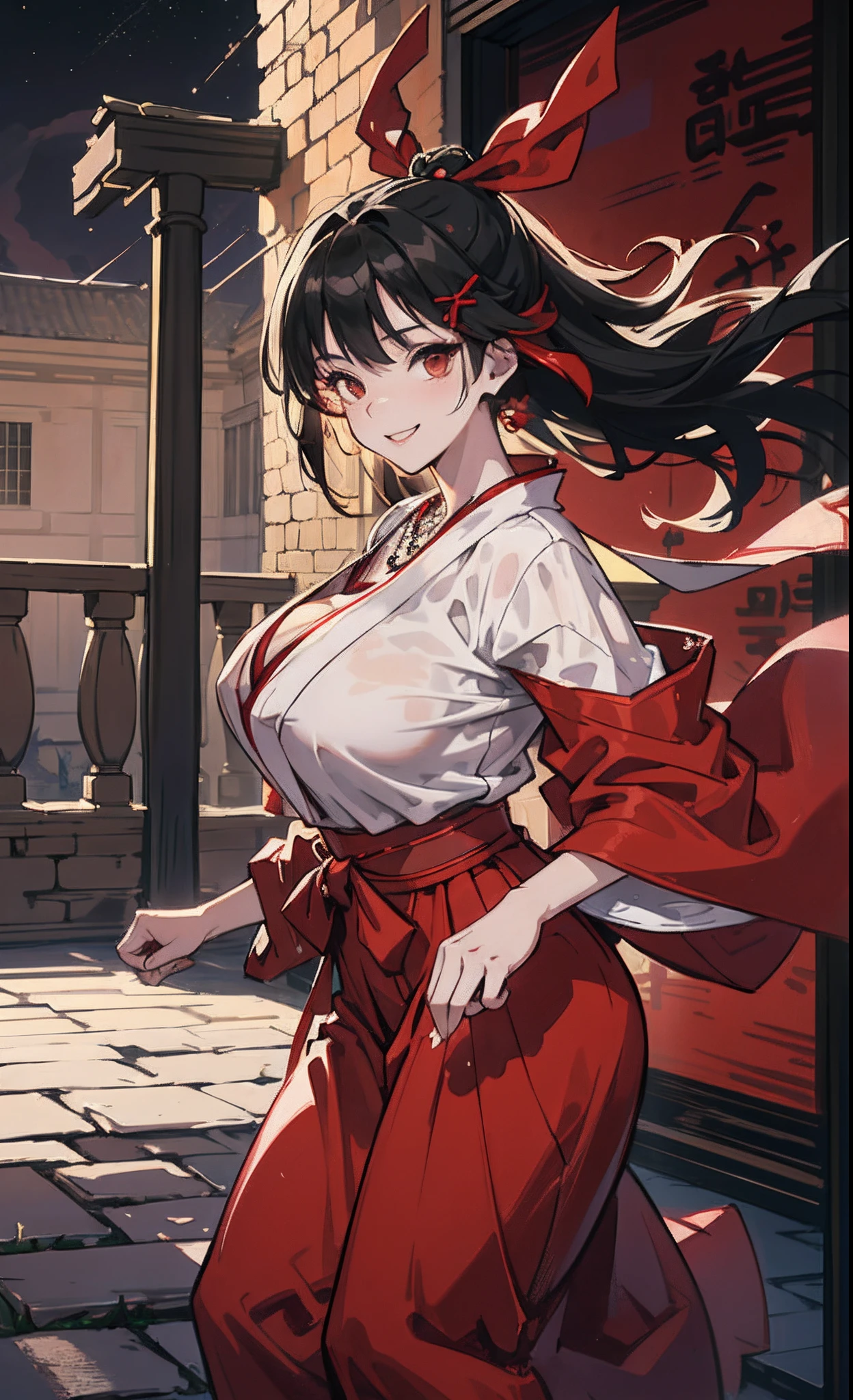 Sexy ager,huge tit,Hair Accessories and Necklaces,8K分辨率,top-quality,hyper HD,extreme hight detail,ancient environment,the night,Top Design,red hakama,Dynamic lens,Texture,Ancient wind,a smile,dance