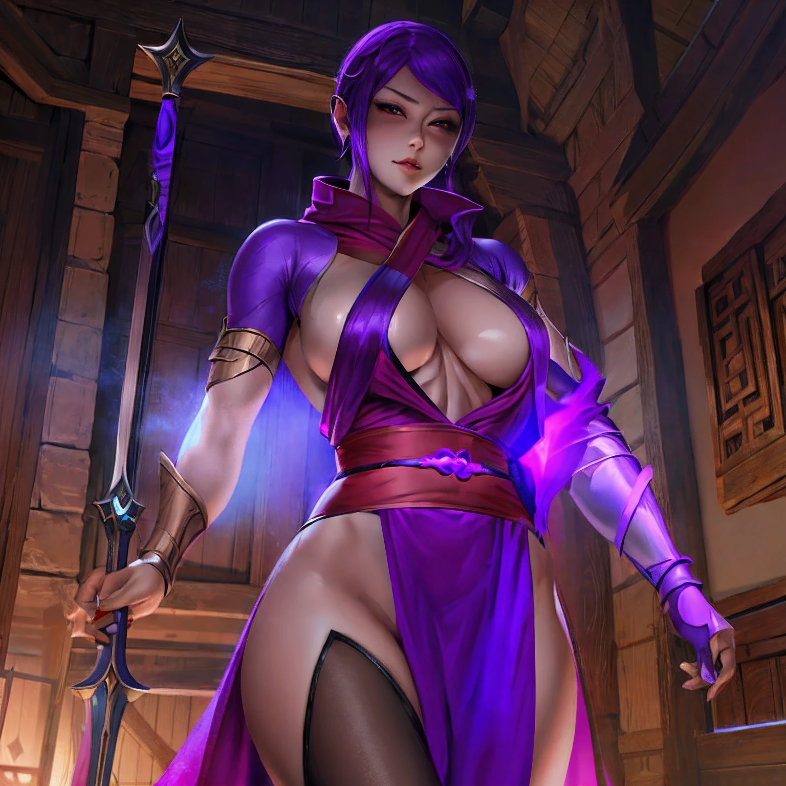 arafed woman in a purple dress holding a sword and a sword, 8k high quality detailed art, extremely detailed artgerm, samira from league of legends, smooth digital concept art, wlop rossdraws, deviantart artstation cgscosiety, 2. 5 d cgi anime fantasy artwork, commission for high res, saggy purple robes
