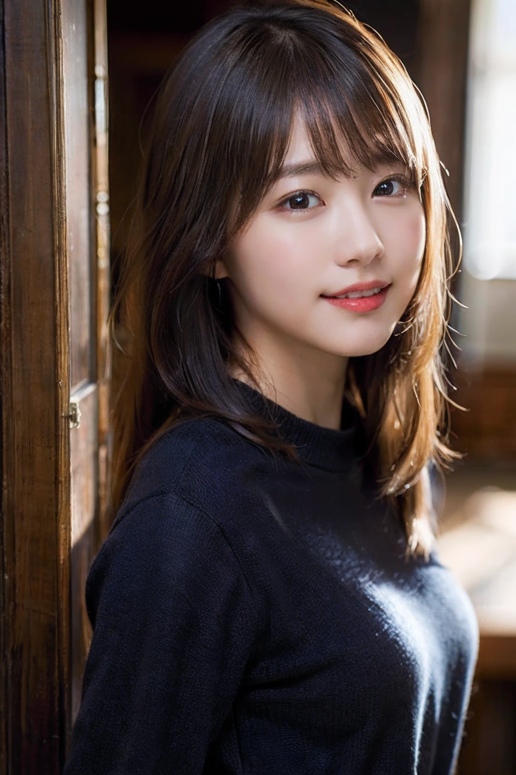 (8k, RAW photo, best quality, masterpiece:1.2), (realistic, photo-realistic:1.37), ultra-detailed, ultra high res,1 girl,looking at viewer,beautiful detailed face,smile,narrow,(slim waist:1.3),shirt, beautiful detailed skin, skin texture, floating hair,professional lighting,