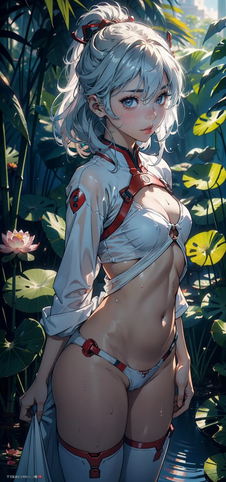 1 female,,bit girl,Small loli,huge-bted,Pornographic exposure, 独奏,(Background with:bamboo forrest,lotuses,lotus flower,exteriors,Lotus pond) She has short blue and white hair,Qi bangs,Doll head,Station,Sweat profusely,drenched all over the body,,seen from the front, hair straight, mostly cloudy sky,(((tmasterpiece),(Very detailed CG unity 8K wallpaper),best qualtiy,cinmatic lighting,detailed back ground,beatiful detailed eyes,Bright pupils,Black eyes,(Very fine and beautiful),(Beautiful and detailed eye description),ultra - detailed,tmasterpiece,)),facing at camera,A high resolution,ultra - detailed),revealing breasts,Bare genitalia, Bulge,legs are open,Raised sexy,Camel toes,Flushed complexion,Open-mouthed,frontage,elementary student(Wearing:Evangelion Rei Ayanami suit,Iron Man uniform,nakeness)