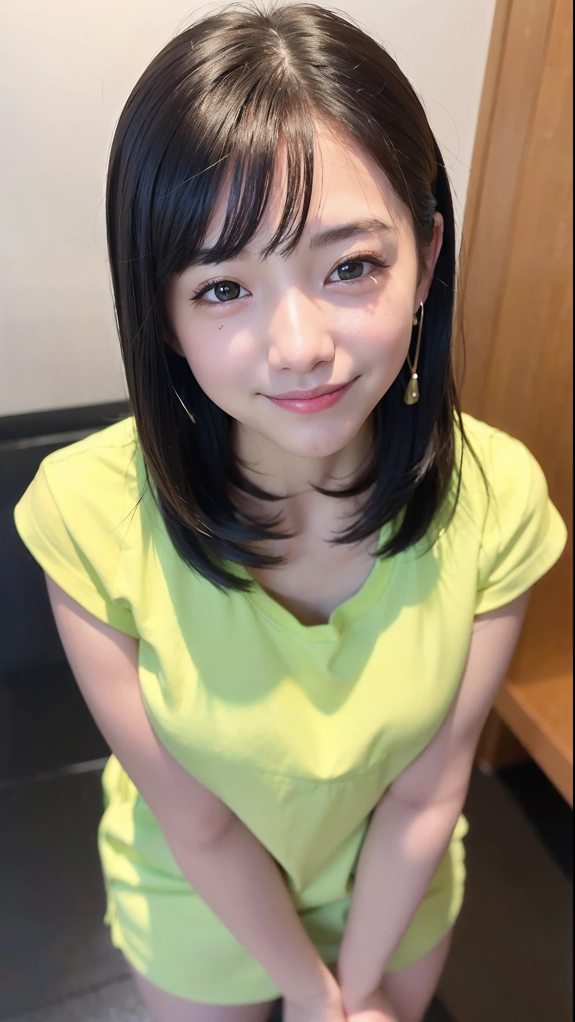 (top-quality、8K、32K、masuter piece、nffsw:1.2)、Cute Japan Girl、女の子1人、short-hair、profile、(slim figure:1.2)、(s lips) 、(Black hair)、二重まぶた、shinny skin、Realistic rays、mare、beauitful face、(A smile:1.3)、crouching down、(From above:1.2)、(a closeup:1.4)、shores、Yellow-green T-shirt、blurry backround、(Front Focus)、(Dark: 1.6)、Fantasy Art、photoRealstic、Professional Lighting、extra detailed face、Award-winning、deep-shadows、