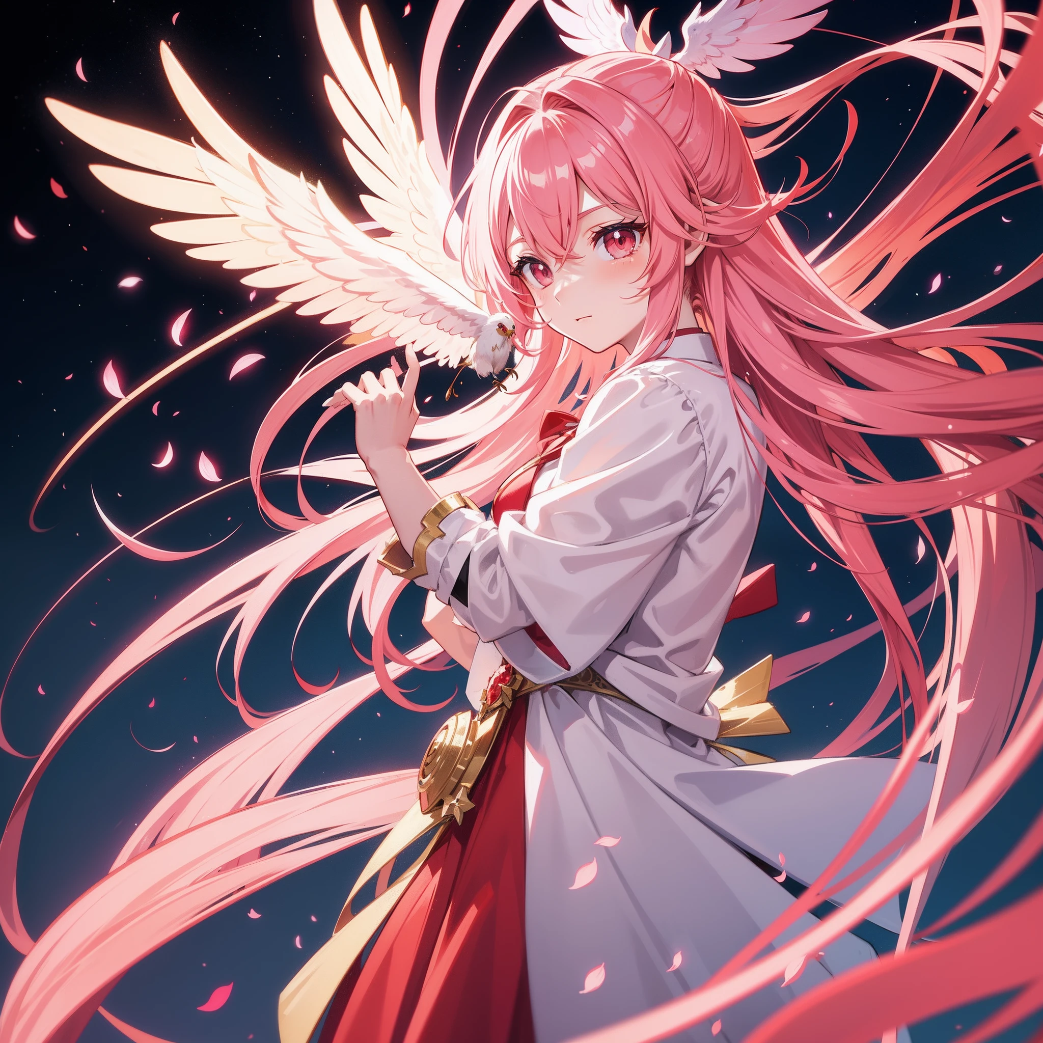 Six-winged Blazing Archangel，Pink Long Hair，red color eyes，校服，Fly in mid-air，A light blooms behind him，Radiant，calm expression