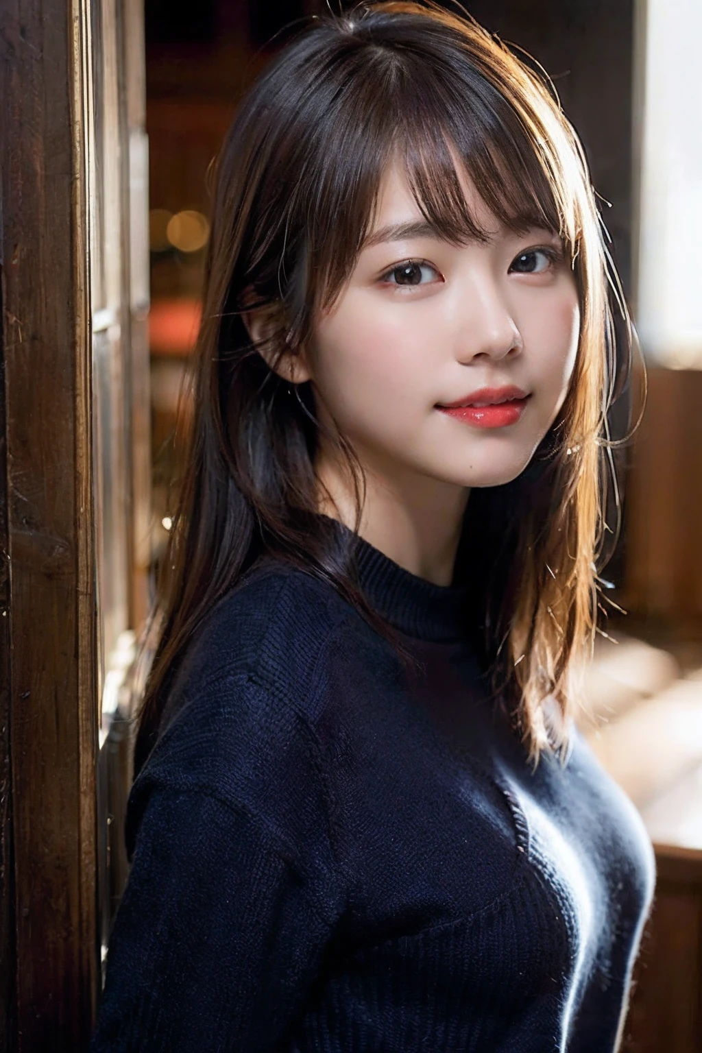 (8k, RAW photo, best quality, masterpiece:1.2), (realistic, photo-realistic:1.37), ultra-detailed, ultra high res,1 girl,looking at viewer,beautiful detailed face,smile,narrow,(slim waist:1.3),shirt, beautiful detailed skin, skin texture, floating hair,professional lighting,