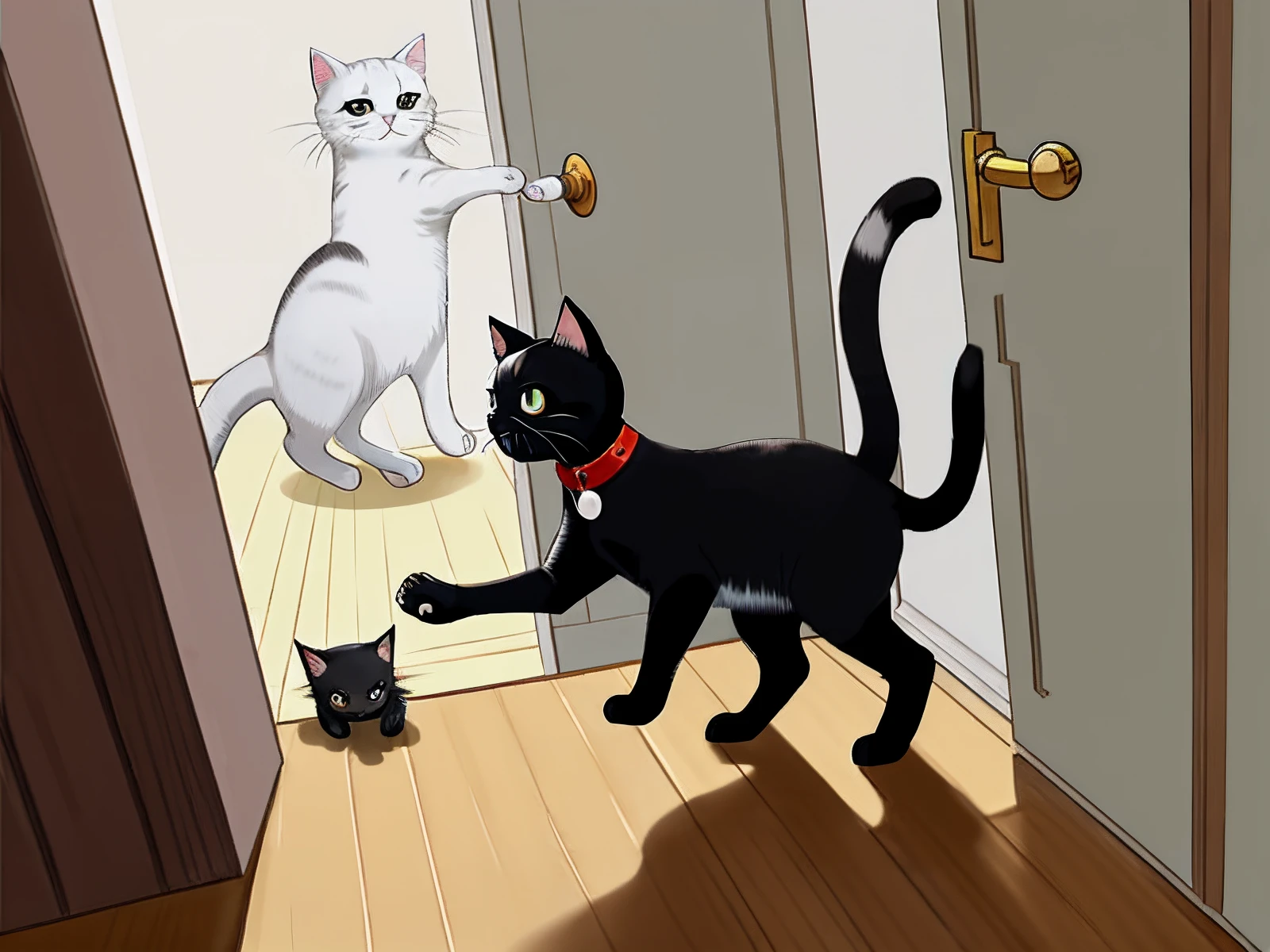 meow、meow,There was the sound of kittens barking outside,I quickly ran to the door,Open the door and take a look,It was a black kitten,It also has a ring of white hair around its neck,It's like wearing a white collar。