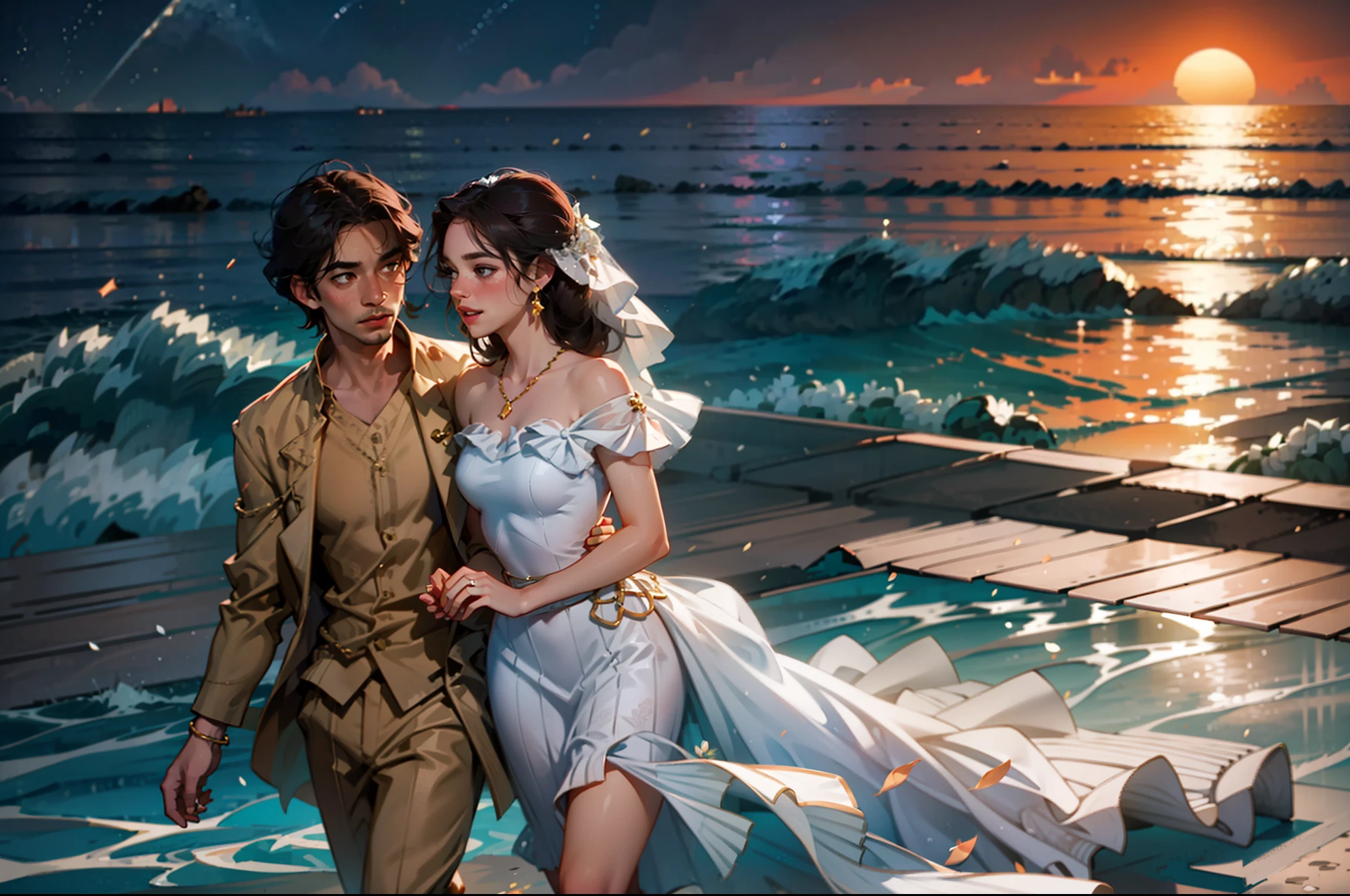 (Masterpiece, Top Quality, Best Quality, Official Art, Beautiful and Aesthetic, Two, 1.5), there are two men and women walking hand in hand on the beach. Males and females. The two are lovers. Blissful lover. Happy look. Glowing eyes. They wear sacred accessories and costumes with intricate and delicate decorations. Detail drawing. masterpiece back, midnight, full moon, moonlight, beach, sea, sand, night sky, shooting star, transparency. High resolution .8k wallpapers