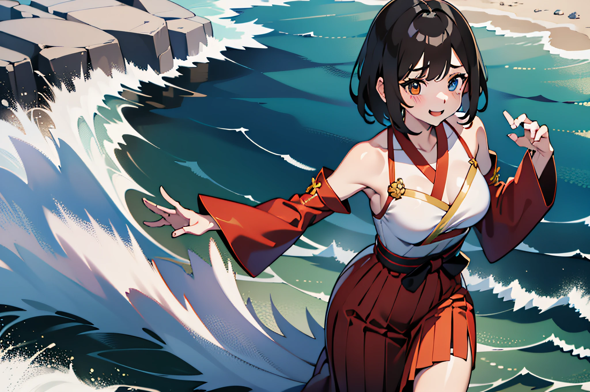 masutepiece, Best Quality, one girls, Solo,Solo, YunaFFX, Heterochromia, Short hair, YunaOutfit, hair adornments, Detached sleeves, Hakama, sash, Hakama skirt, Long skirt, Cowboy Shot, Smile, Magnificent views of the open