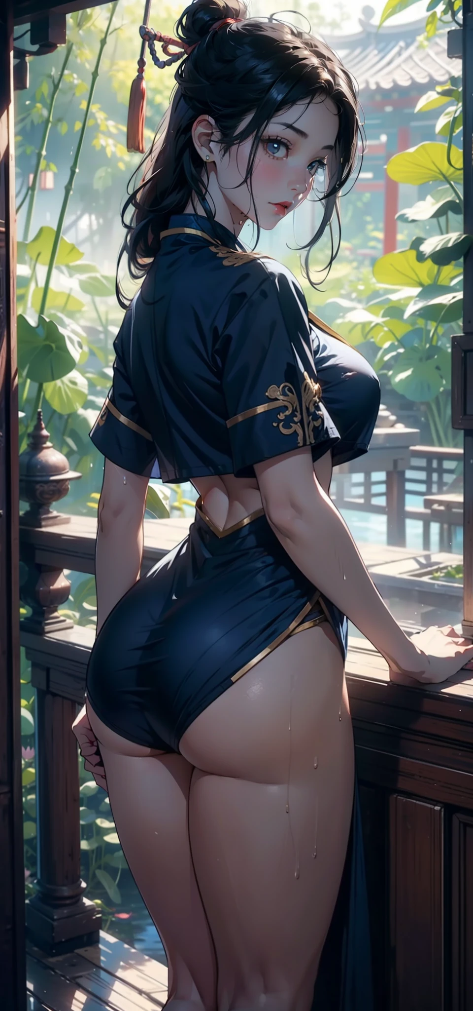 1female，35yo，熟妇，long leges，Big breasts Thin waist，Slim，huge-breasted ，Pornographic exposure， 独奏，（Background with：bamboo forrest，lotuses，lotus flower，exteriors，Lotus pond） She has short black hair，standing on your feet，Sweat profusely，drenched all over the body，seen from the front， hair straight， mostly cloudy sky，（（（tmasterpiece），（Very detailed CG unity 8K wallpaper），best qualtiy，cinmatic lighting，detailed back ground，beatiful detailed eyes，Bright pupils，Black eyes，Redlip（Very fine and beautiful），（Beautiful and detailed eye description），ultra - detailed，tmasterpiece，）），facing at camera，A high resolution，ultra - detailed），revealing breasts，Bare genitalia，  Bulge，legs are open，Raised sexy，Camel toes，Flushed complexion，Open-mouthed，frontage，high school senior，Sailor's cap（Wearing：Chinese Ancient Times，Blue sailor uniform，athletic sneakers，Bare breasts，）
