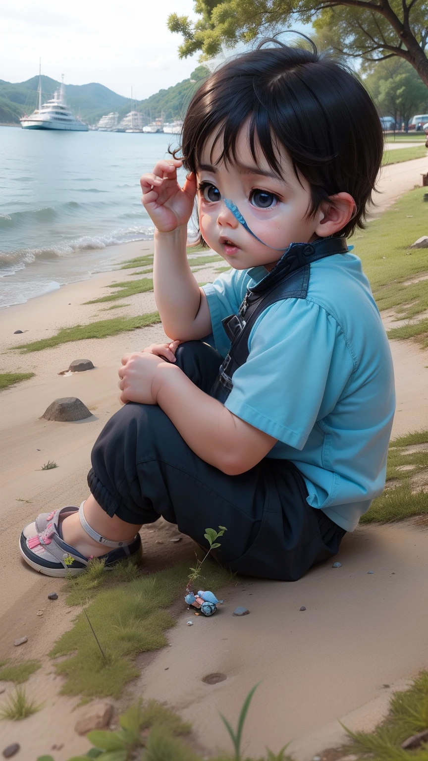 fat boy by the sea, cute, happy expression, --auto --s2