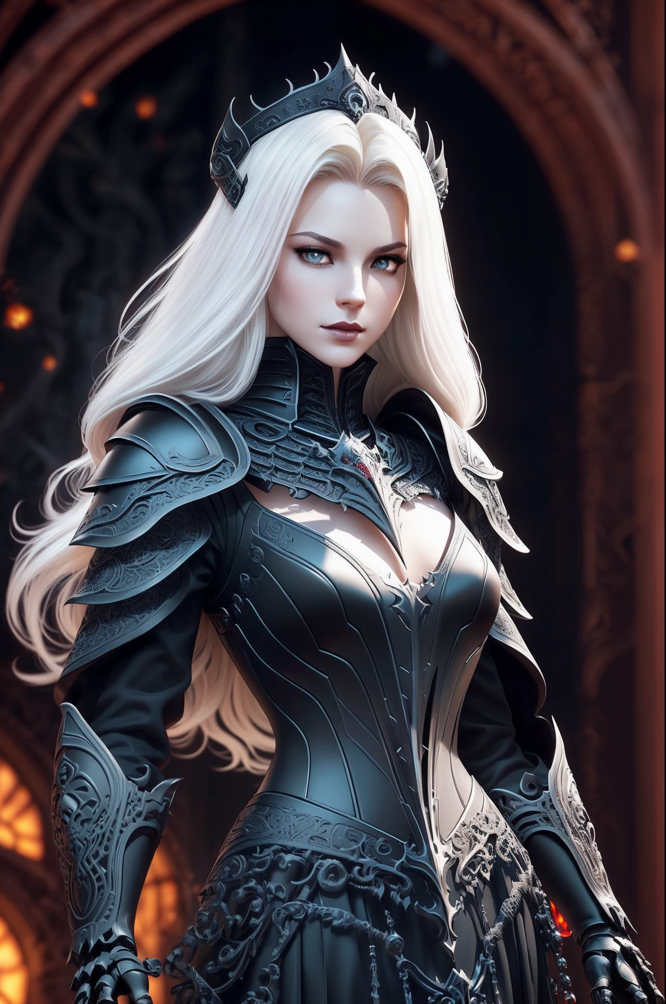 analog style, ((intricate details)), full torso shot, cold lighting, beautiful, ((pale gothic evil princess)), (blonde hair), (intricate), ((skeletal skimpy onyx dress armor)), ((intricate pointed obsidian crown)), ((intense shadows)), ((thick outlines)), dynamic pose, windblown hair, perfect face, (realistic eyes), round iris, (((red eyes))), perfect eyes, intricate, complex, Helios 44-2, swirly bokeh, trending on artstation, sharp focus, studio photo, intricate details, highly detailed, sharp, dnd character portrait, perfect lighting, (((illustration style, Masterpiece, by artgerm and greg rutkowski))), cinematic lighting, 8k