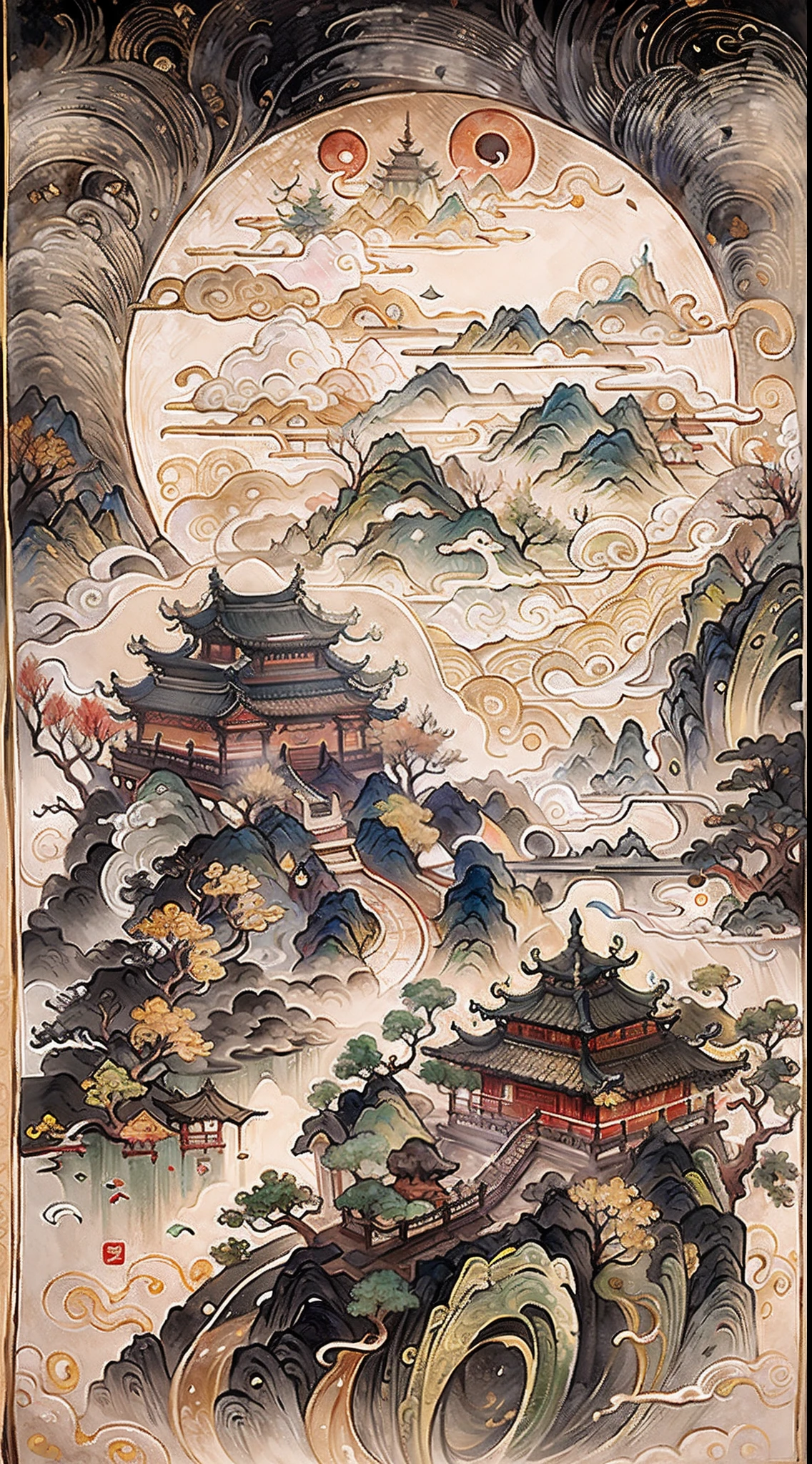 An ancient Chinese painting, ancient chinese background, mountain ranges, rios, Auspicious clouds, Pavilions, Huge Full Moon, tmasterpiece, super detailing, Epic composition, hyper HD, high qulity, extremely detaile, offcial art, 统一 8k 壁纸, super detailing, 32k -- v 6