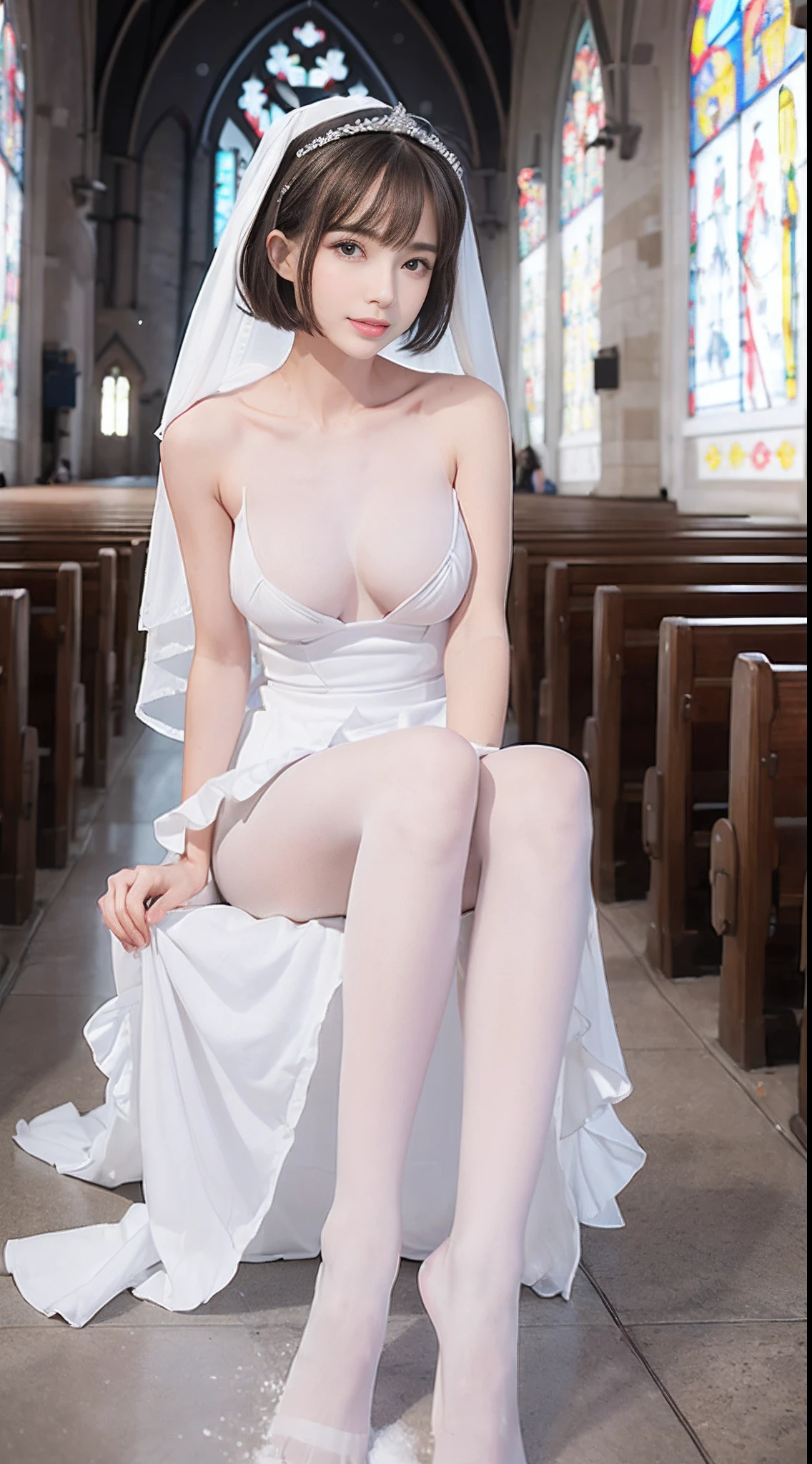 (hight resolution、hightquality、hightquality、High-resolution face drawing、Single Female、独奏))、((very Bigger breasts:1.3))、cleavage of the breast,Perfect Angle、Professional quality、perfect contrast、Perfect litthing、perfect-composition、perfect Waifu、flawless skin、perfect hand、Perfect fingers、perfect chest、perfect hair、face perfect、A masterpiece with realistic facial features、long neck、Protruding ears、Princess Cut、a short bob、Clean teeth、(legs are long,、二重まぶた,The eye、It's a bit wide、Quite an adult supermodel)、Bangs are a beautiful short bob cut、short beautiful hair with bangs,,,,,,,,,,、long neck、a small face、Beautiful collarbone、Light reflected in the eyes、face perfect、Perfect body、Perfect fingers、perfect arms、perfect hand、Symmetrical and very beautiful face、Golden Ratio Beauty Face、looking straight at camera:1.4、perfect anatomia、27yo、adult appeal、cute little、spotless、A smile、Perfect Lovely Wife、A masterpiece of realistic facial features、lipgloss、long neck、Nice collarbone、Nice cleavage、Nice teeth、Fingers on cheeks、10 head body、Beautiful poses、Super Real 8K、thick thight、thin ankles、dense background、depth of fields、realisitic:1.3、longshot、((short and white skirt、Snow White Prom Dresses、wedding veil、Back ribbon、Pagoda Sleep、Train、Long Globe:1.7))、((Very thin white pantyhose: 1.7))、beauty legs、((Panties under pantyhose,highleg: 1.7))、Foot size 22.5cm、Thin and beautiful perfect toes、((You are in front of the chapel:1.4)),Facing the viewer、Sexy Bride, ((sitting down on the floor))、((cross one's legs:1.4)),