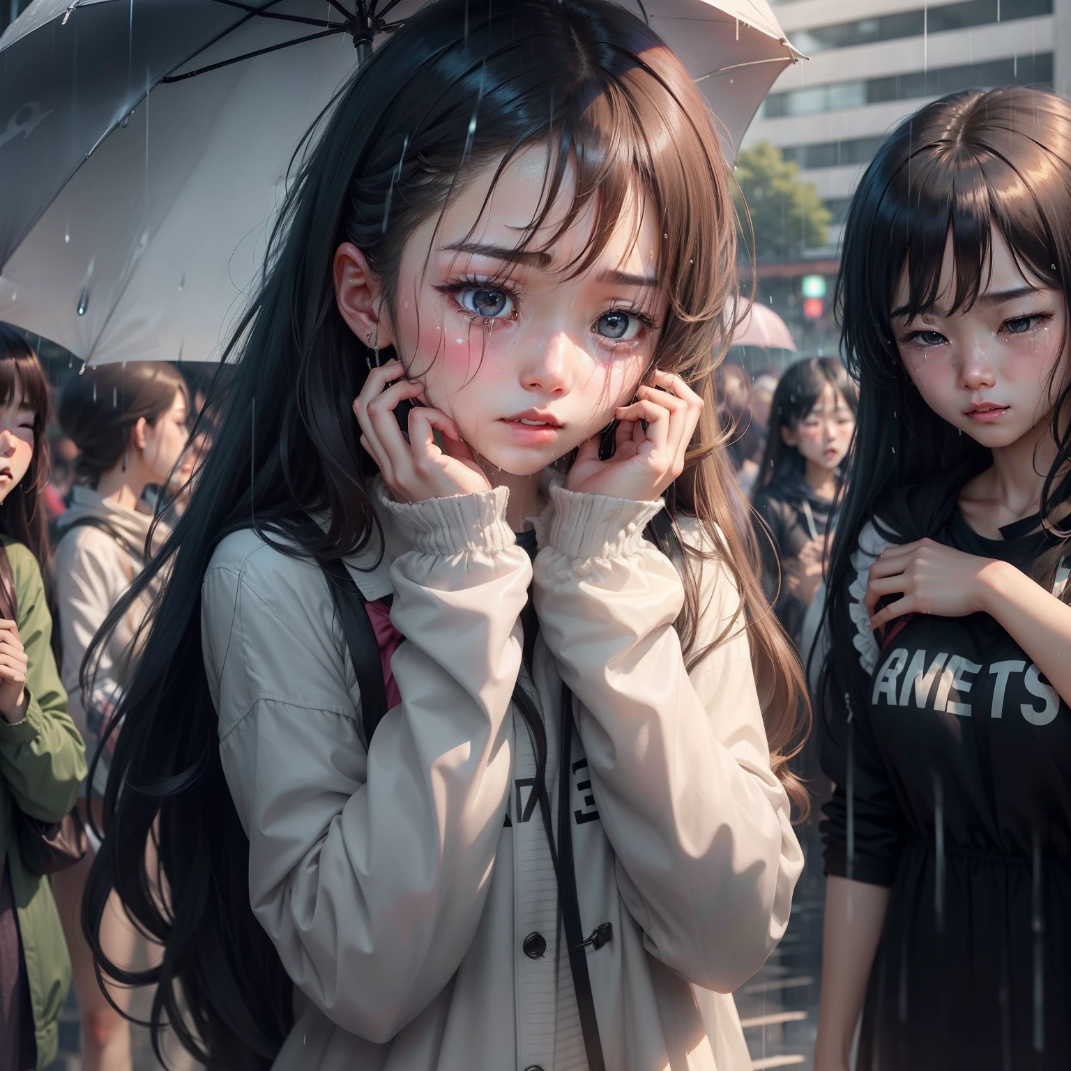 girl with、Long、Crying hard and loud、As shown in the photo、disheveled hair、Reproduce each hair、Real Girl、Beautiful fece、Like a goddess、Cover your face with your hands while crying、Overflowing tears、under the rain、People with umbrellas walking in large groups、She is crying alone in the rain、