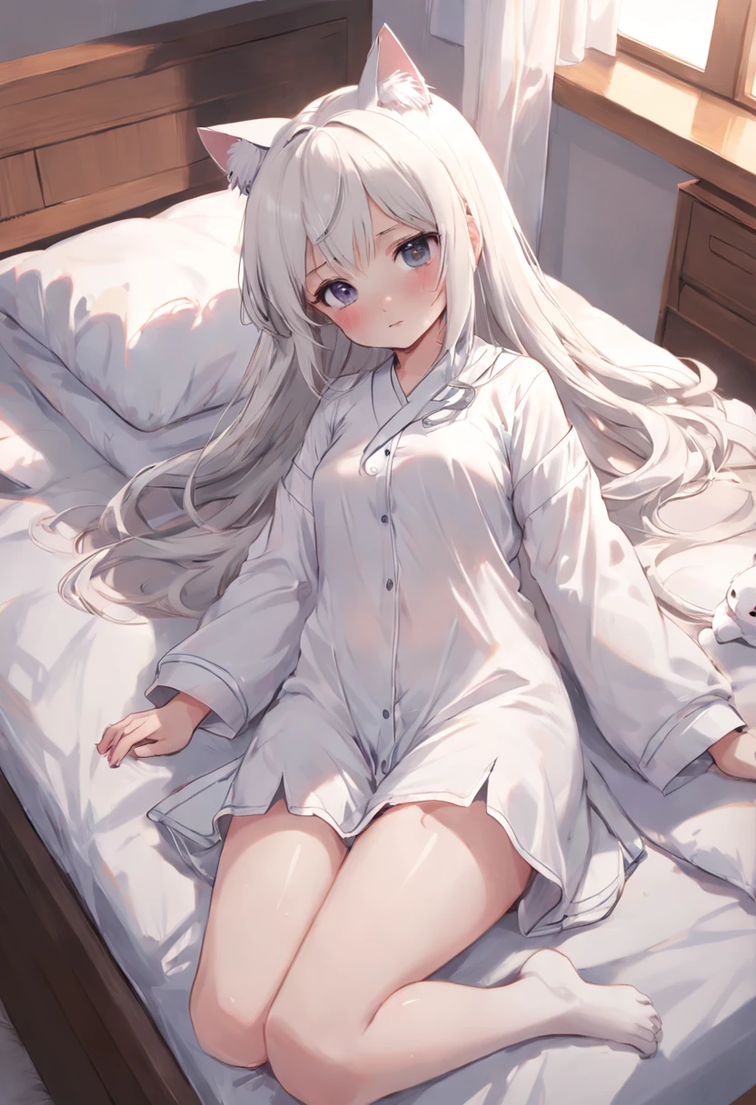 Anime girl in white pajamas getting out of bed with cat, loli in dress, ??????????? loli, artwork in the style of guweiz, guweiz on pixiv artstation, guweiz on artstation pixiv, guweiz, small loli girl, soft anime illustration, Anime visuals of cute girls, Detailed Digital Anime Art