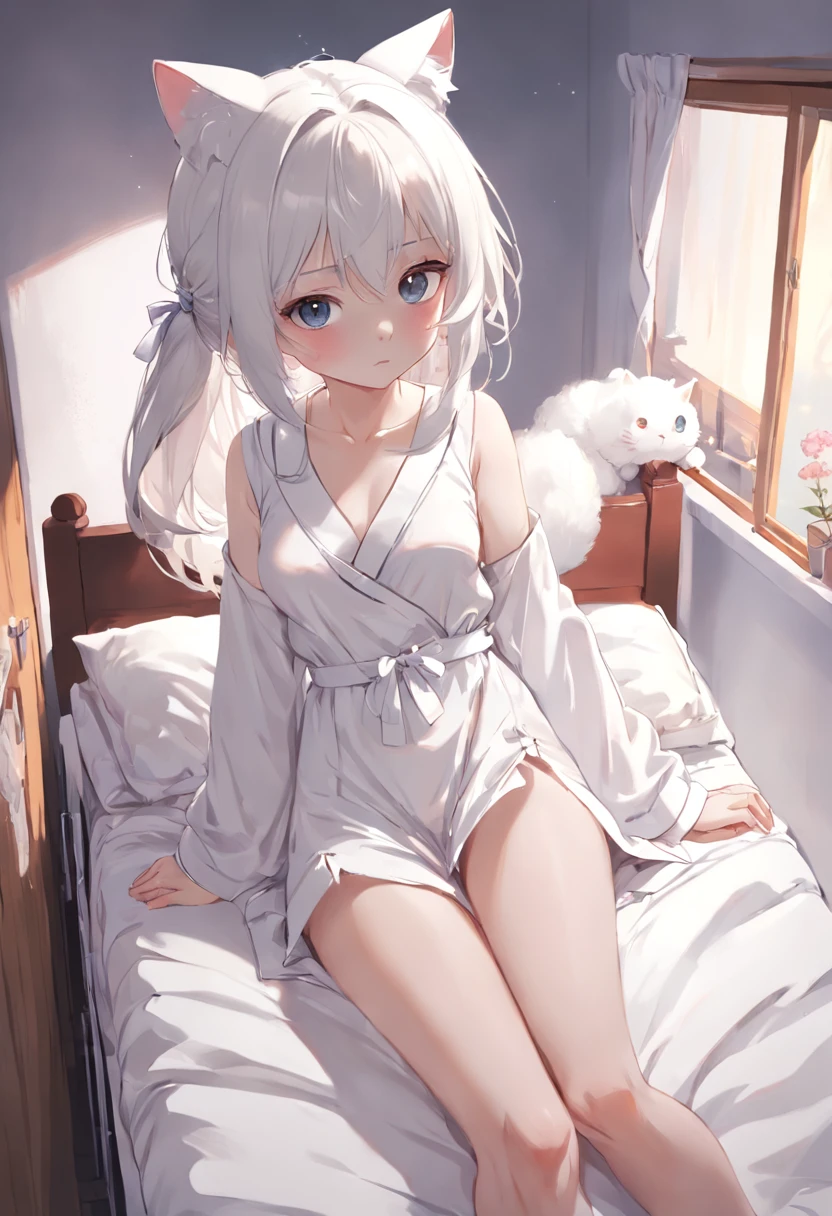Anime girl in white pajamas getting out of bed with cat, loli in dress, small curvy loli, artwork in the style of guweiz, guweiz on pixiv artstation, guweiz on artstation pixiv, guweiz, small loli girl, soft anime illustration, Anime visuals of cute girls, Detailed Digital Anime Art