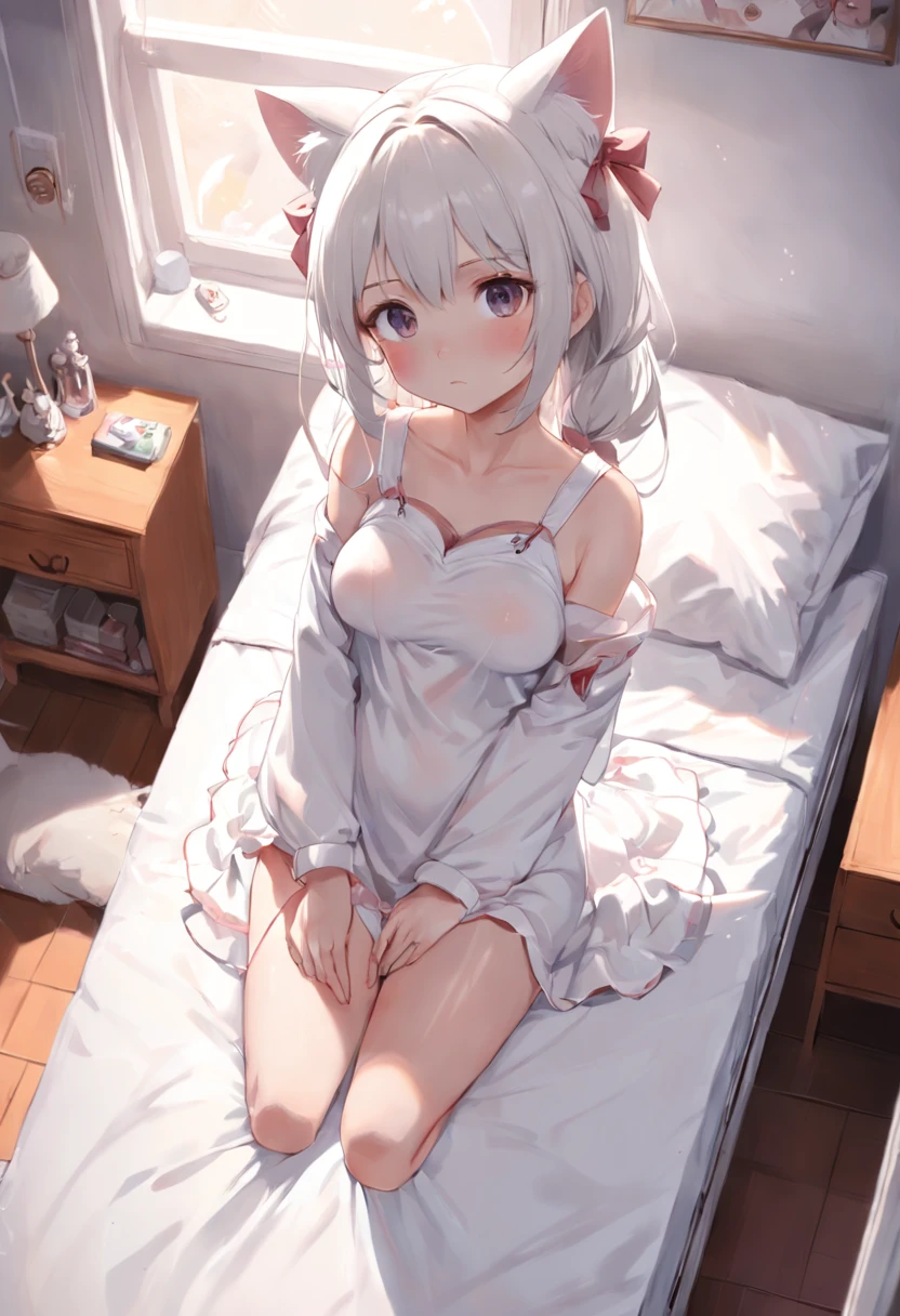 Anime girl in white pajamas getting out of bed with cat, loli in dress, small curvy loli, artwork in the style of guweiz, guweiz on pixiv artstation, guweiz on artstation pixiv, guweiz, small loli girl, soft anime illustration, Anime visuals of cute girls, Detailed Digital Anime Art