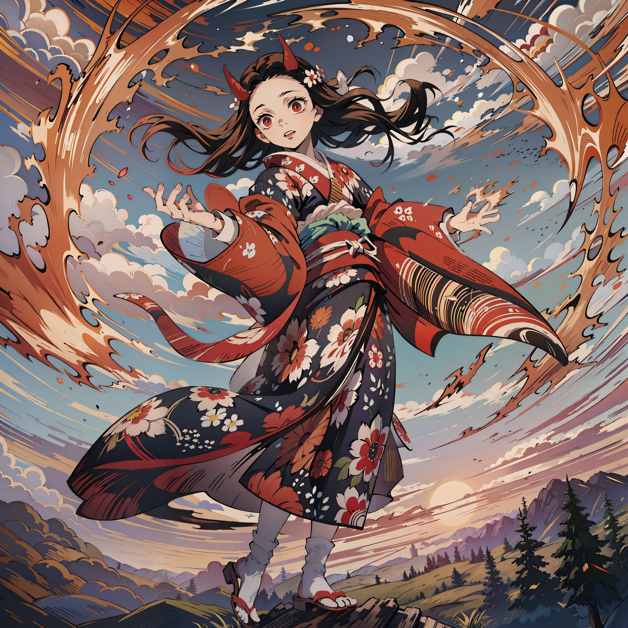 (masterpiece, best quality:1.2), kimetsu no yaiba style, kamado nezuko, (1girl, solo), 20years old, full body, kimono, (red demon horns, red eyes), BREAK the sun is rising, the wind is hot, the sky is burning, I saw a demon running across the horizon, (side view, dynamic angle)