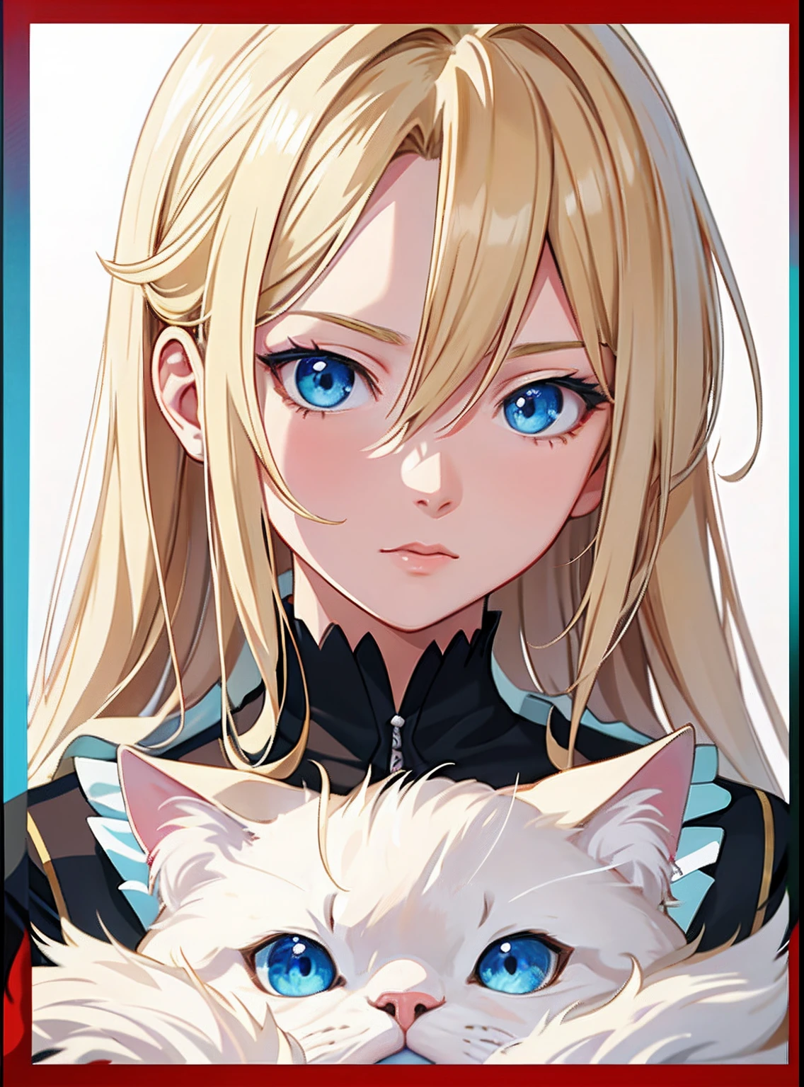 Anime girl with long blonde hair and blue eyes holding a white cat, Anime style portrait, realistic anime artstyle, anime realism style, a beautiful anime portrait, Stunning anime face portrait, Realistic anime art style, anime art style, In anime style, semirealistic anime style, Anime style. 8K, High Quality Anime Art Style, Beautiful anime style, Realistic anime 3 D style